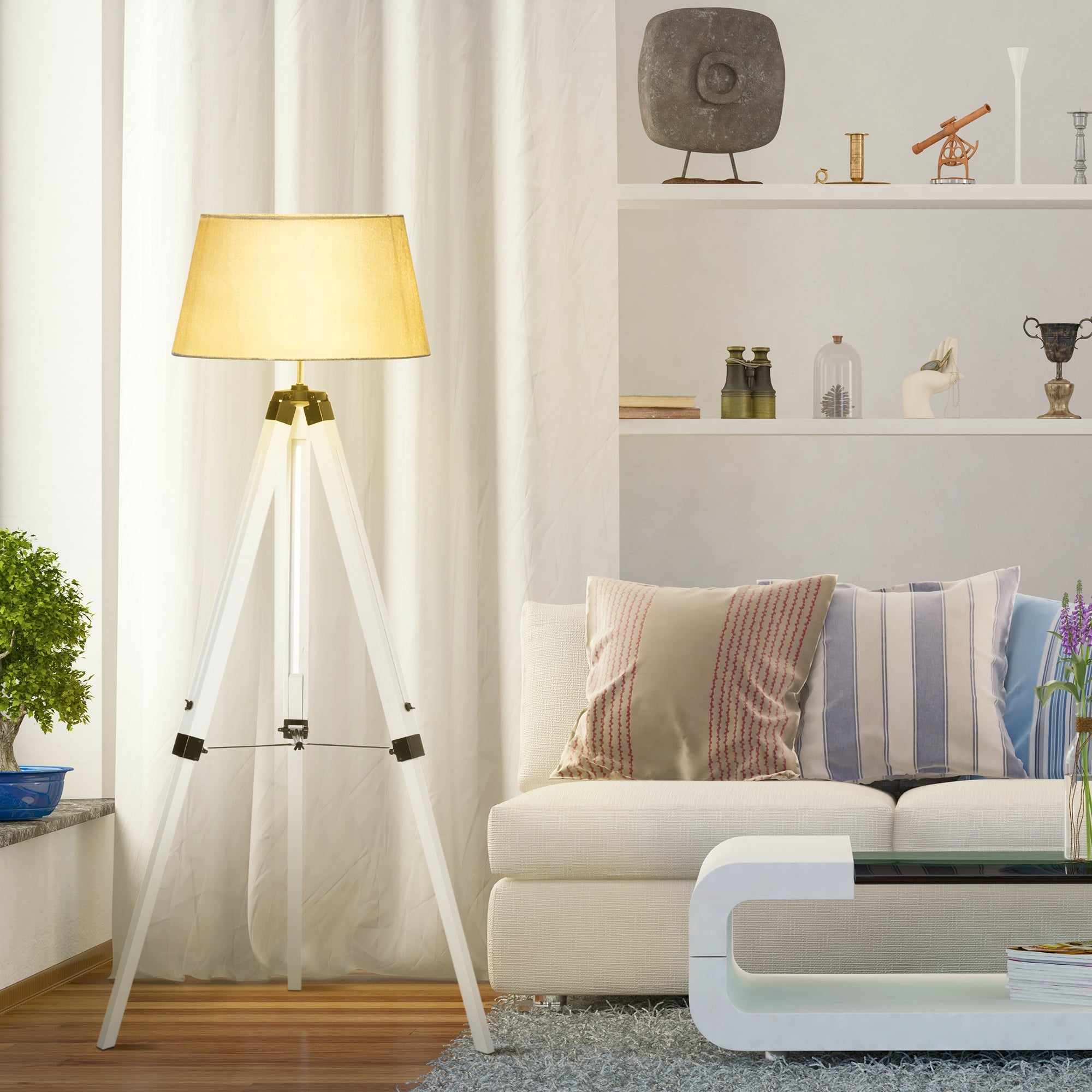 HOMCOM Illuminating Elegance: Adjustable Wooden Tripod Floor Lamp, Modern E26 Standing Light for Living Room, Bedroom, White & Grey 