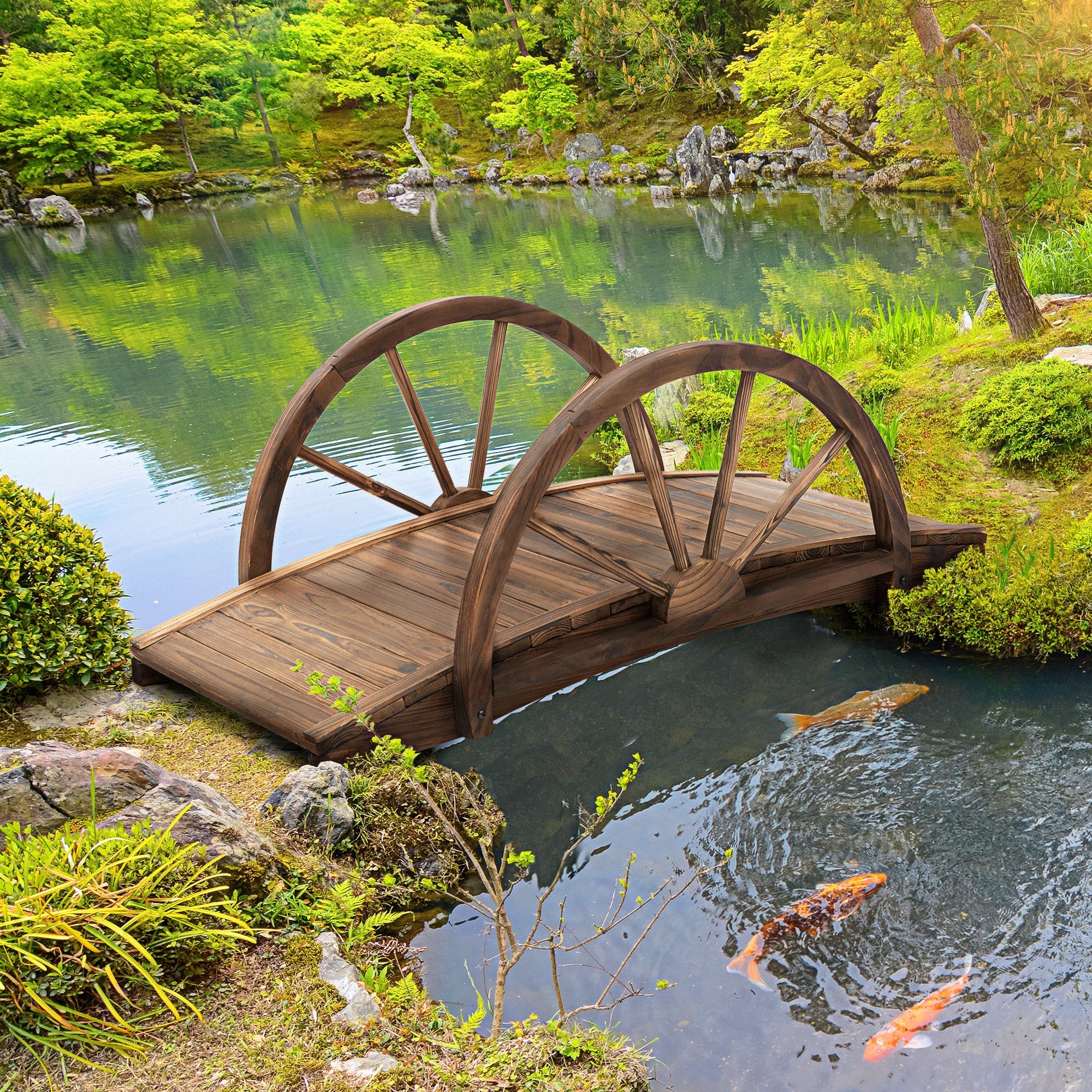 Outsunny 3.3ft Wooden Garden Bridge Arc Stained Finish Walkway with Half Wheeled Railings, Stained Wood 
