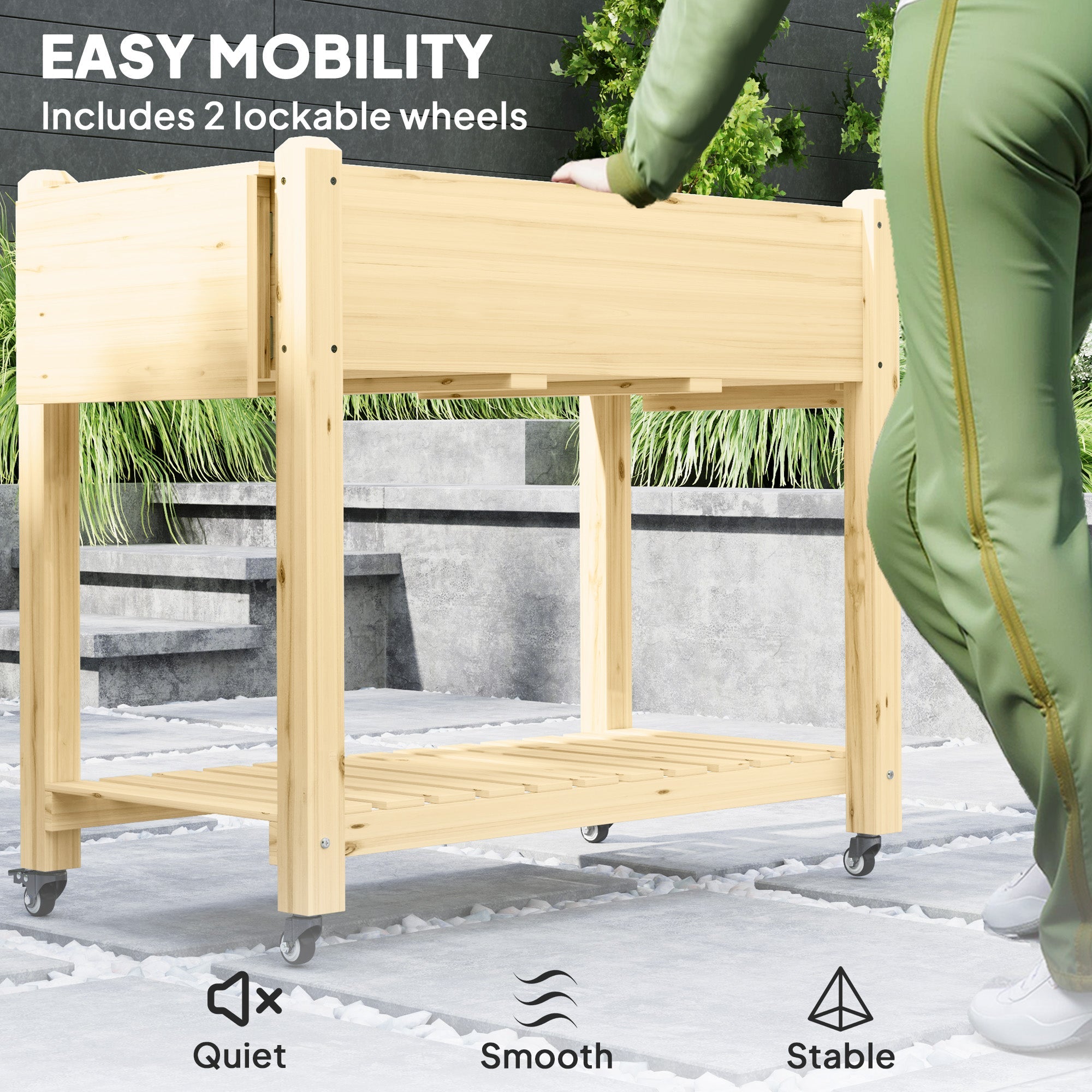 Outsunny Raised Garden Bed, Wood Planter Box with Lockable Wheels, Side Tables, Bottom Shelf, Bed Liner, Drain Holes, Natural 