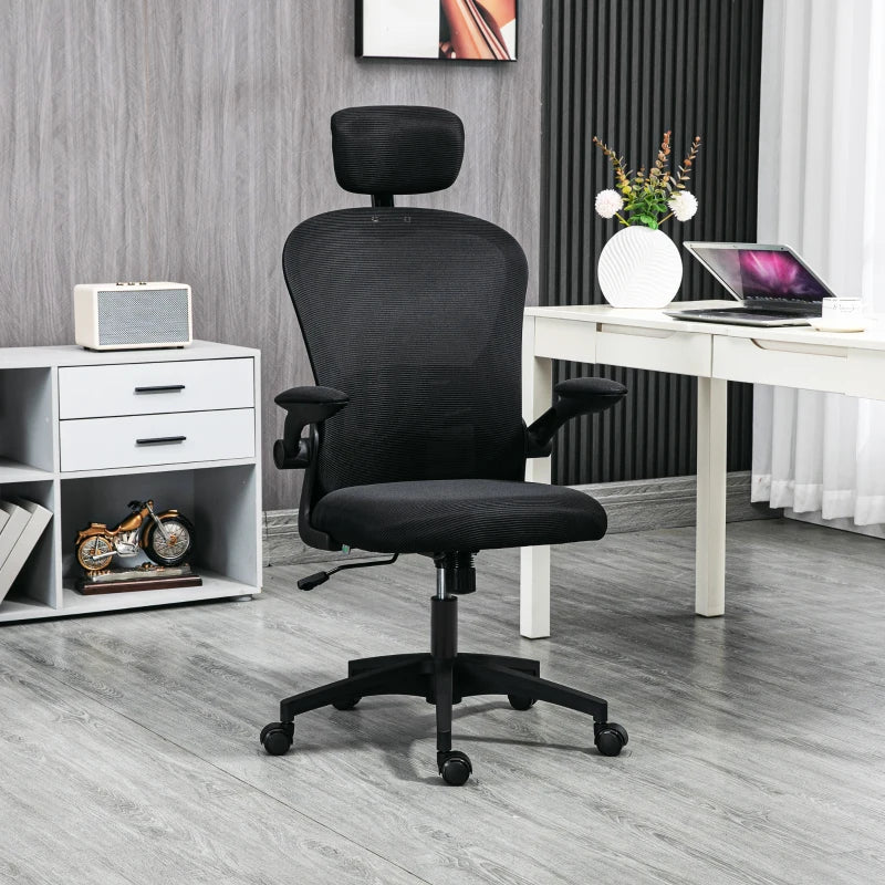 Office Chair, Mesh Computer Desk Chair with Adjustable Headrest, 4D Lumbar Support, Flip-up Arm, Black