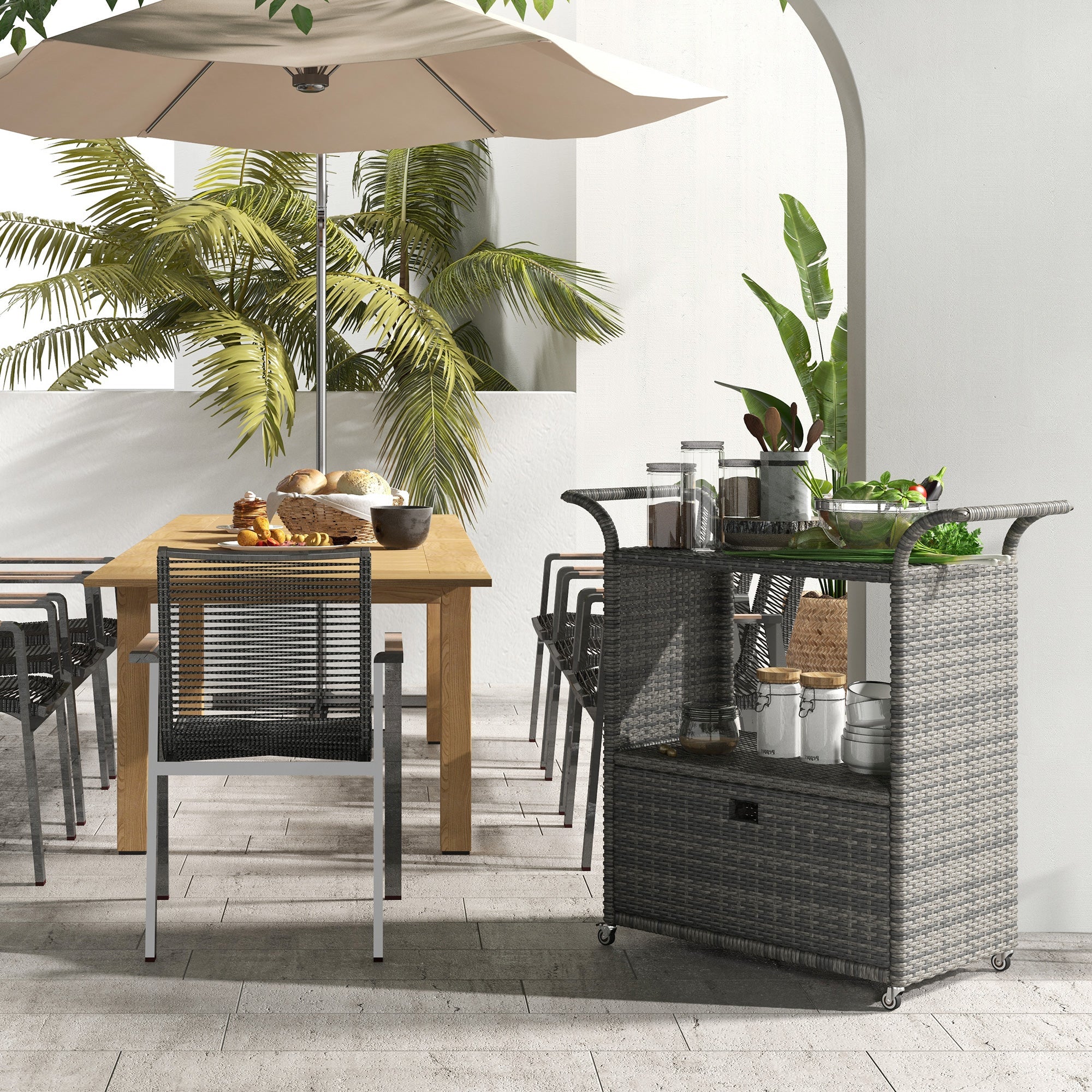 Outsunny Patio PE Wicker Garden Serving Cart 2-Tier Shelf Wheeled Rattan Food Cart with Handles for Poolside Grey 