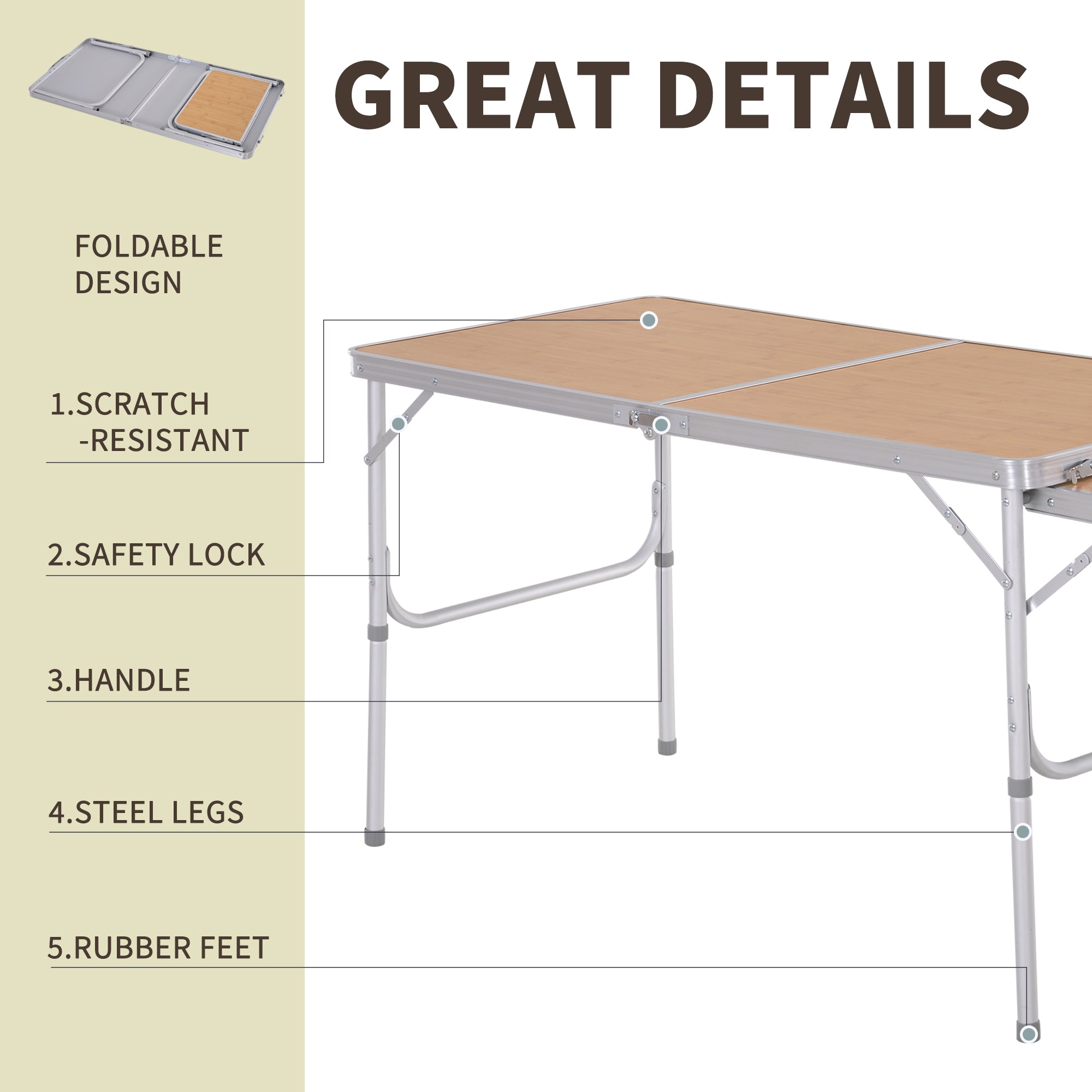 Outsunny Portable Picnic Table with Slide Shelf Foldable Design 2 Adjustable Heights for Outdoor Use 