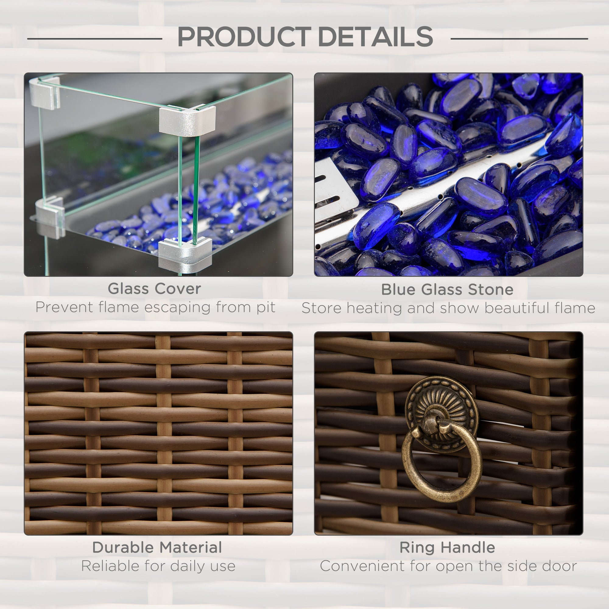 Outsunny Propane Fire Pit Table 43in Outdoor Square Fire Table, 50,000 BTU Pulse-Ignition Wicker Firepit Furniture Wind Guard 