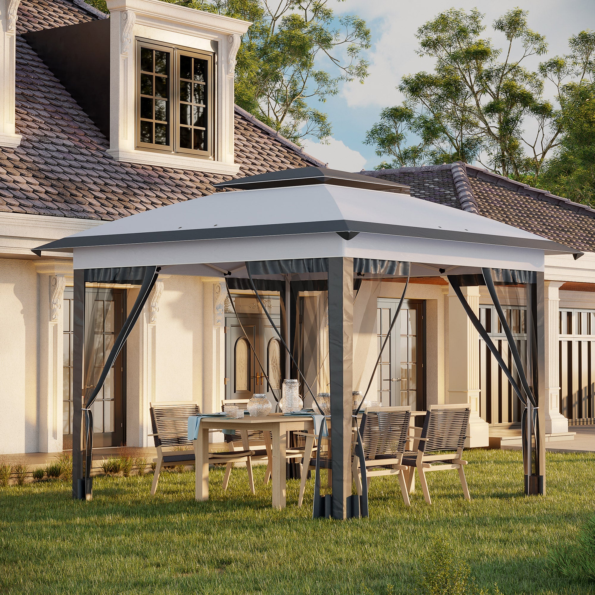 Outsunny Pop Up Canopy 12'x12' Sun Shade Tent with Mesh Sidewalls Adjustable Height Storage Bag Grey 