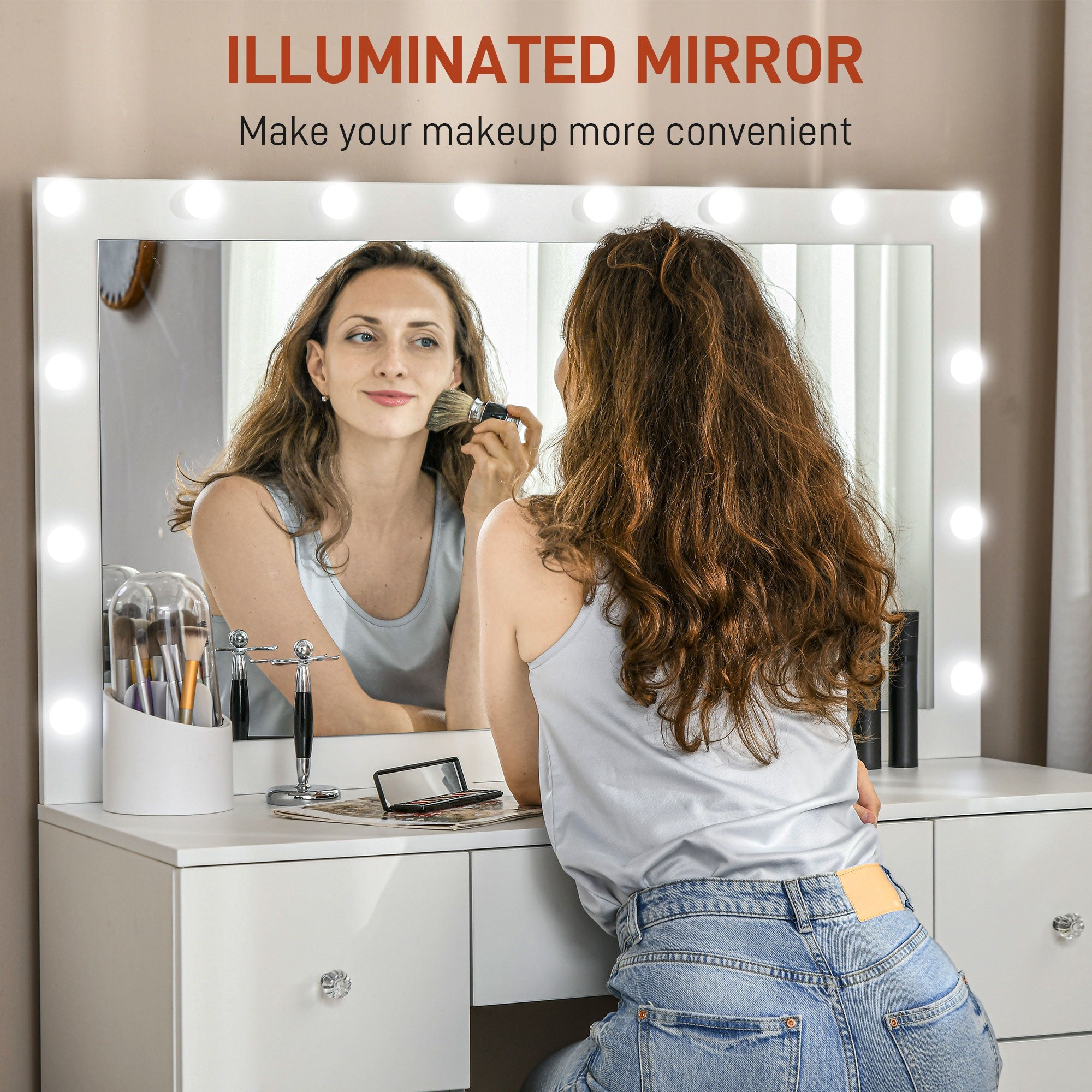 HOMCOM Makeup Vanity Table, Dressing Table with Mirror and Lights, Modern Makeup Table with 7 Drawers and 10 LED Lights, White 