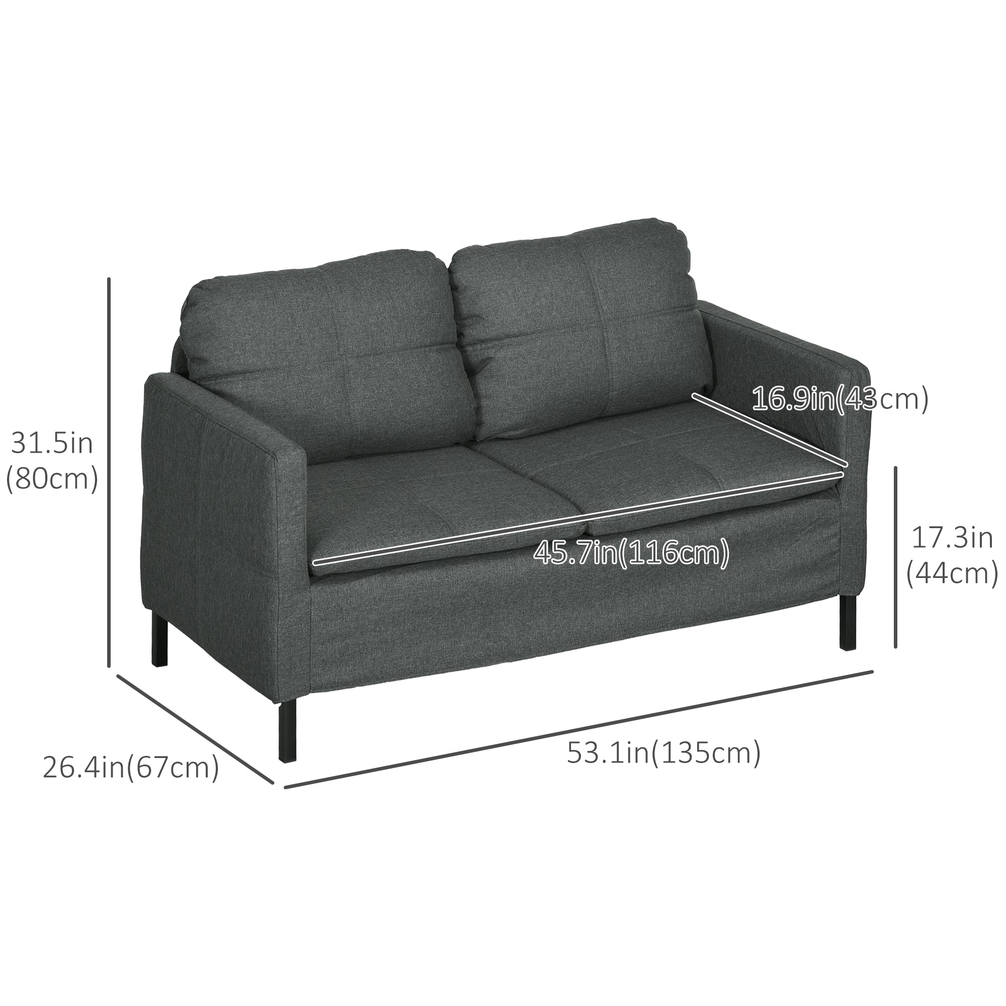 HOMCOM Sofa 53" 2-Seater Upholstered Two Seater Couch Steel Legs Bedroom Living Room Dark Grey 