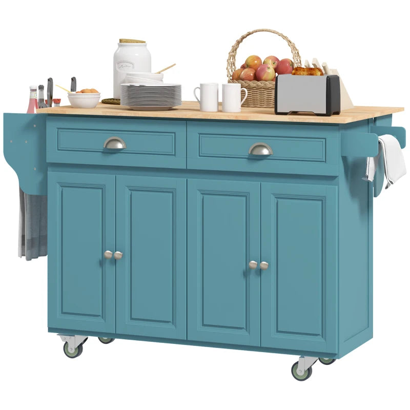Kitchen Island with Storage, Rolling Kitchen Island with Drop Leaf, Rubber Wood Top and Adjustable Shelves, Light Blue