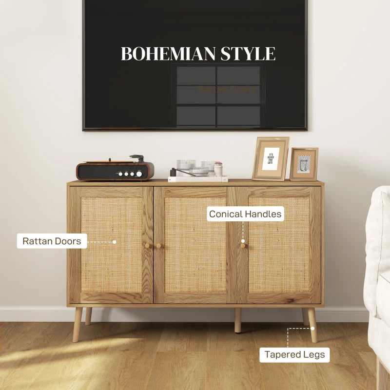 Bohemian Sideboard with Rattan Doors & Adjustable Shelf, Natural Wood Finish