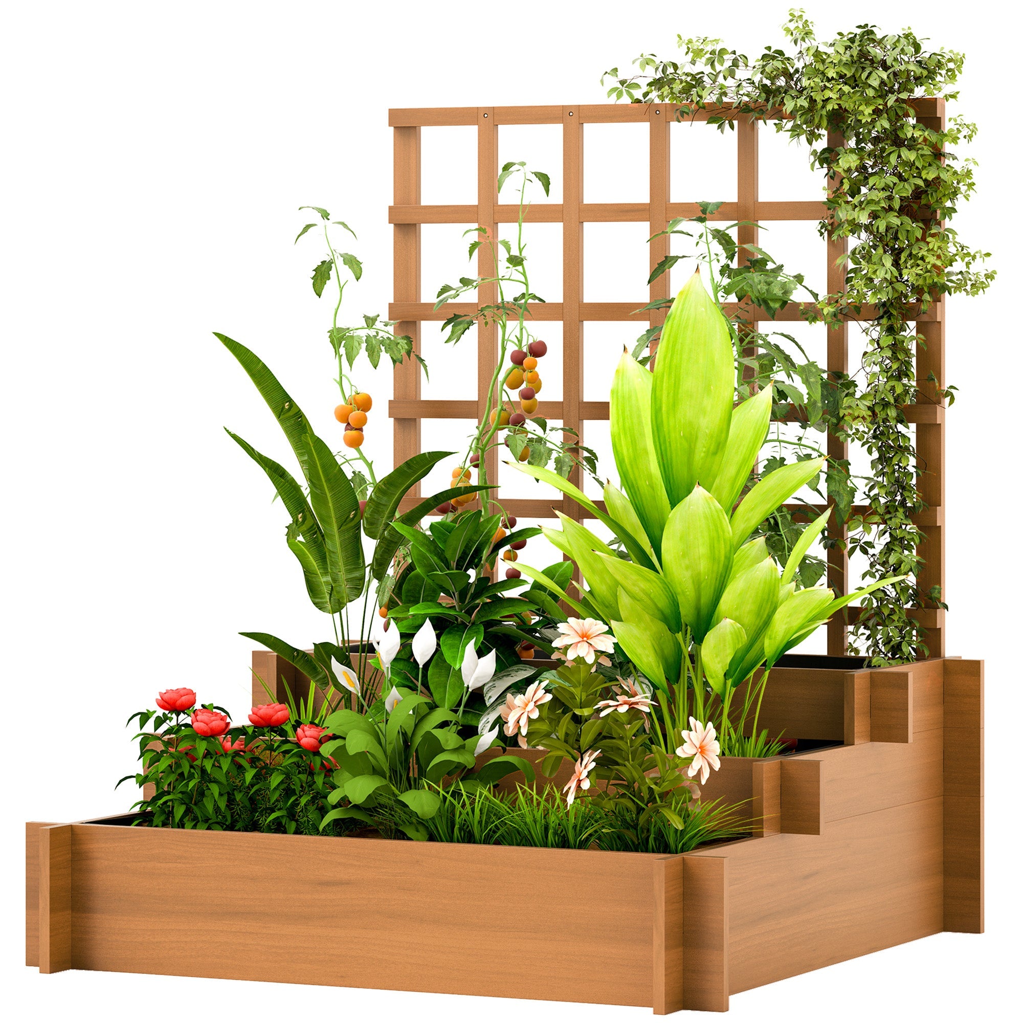 Outsunny Wooden Elevated Planter Box with Trellis for Climbing Plants, 3 Tier Raised Garden Bed for Garden, Outdoor, Brown 