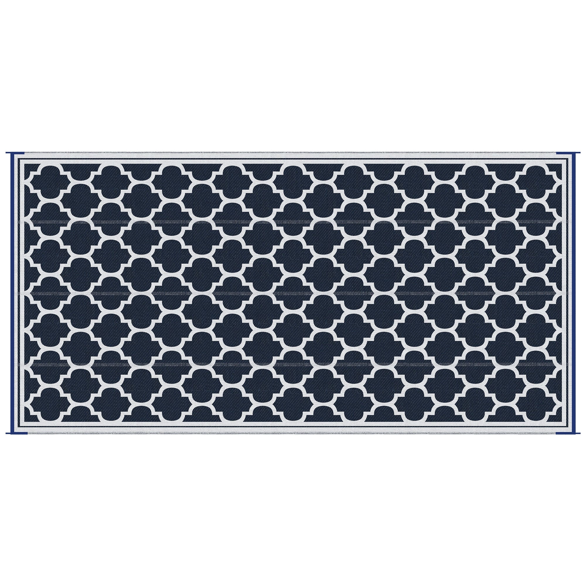 Outsunny 9' x 18' Reversible RV Outdoor Rug Patio Mat Blue White Plastic Straw for Camping Deck Backyard 