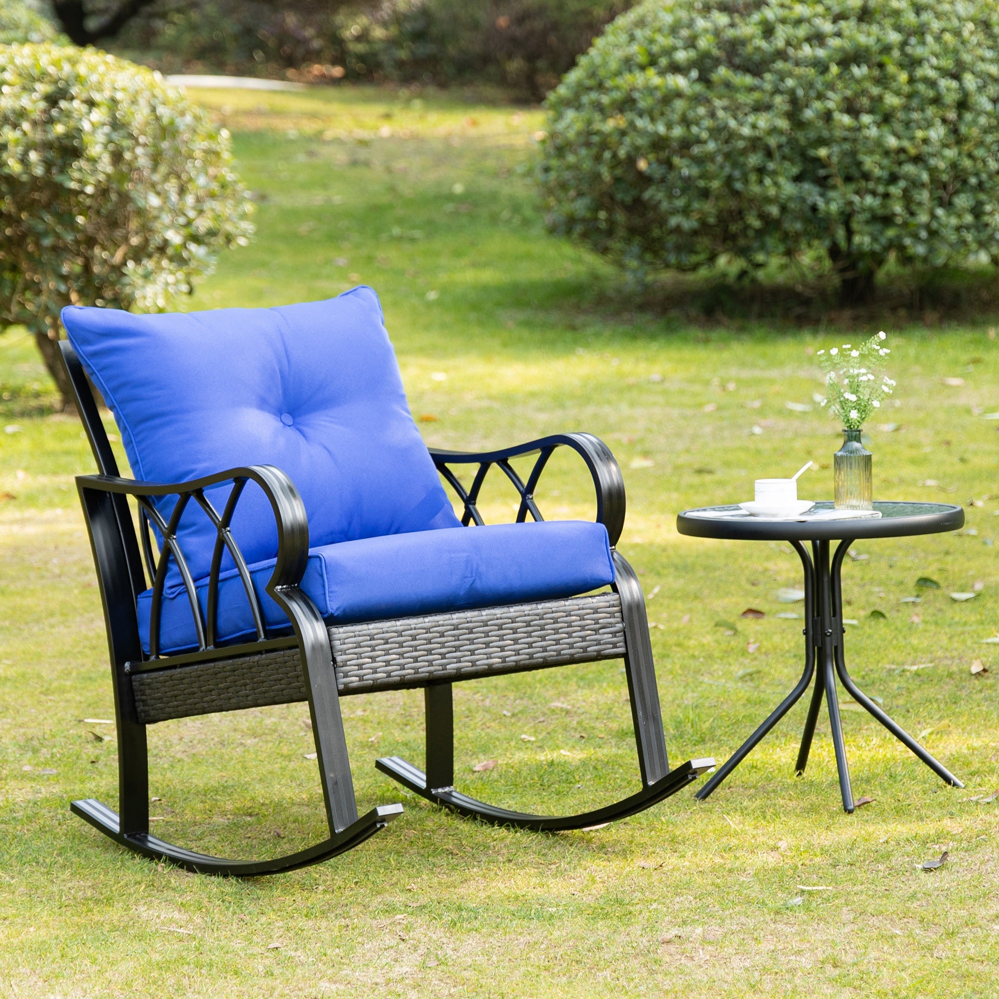 Outsunny Aluminum Wicker Rocking Chair Outdoor with Padded Cushions Garden Patio Backyard Blue 