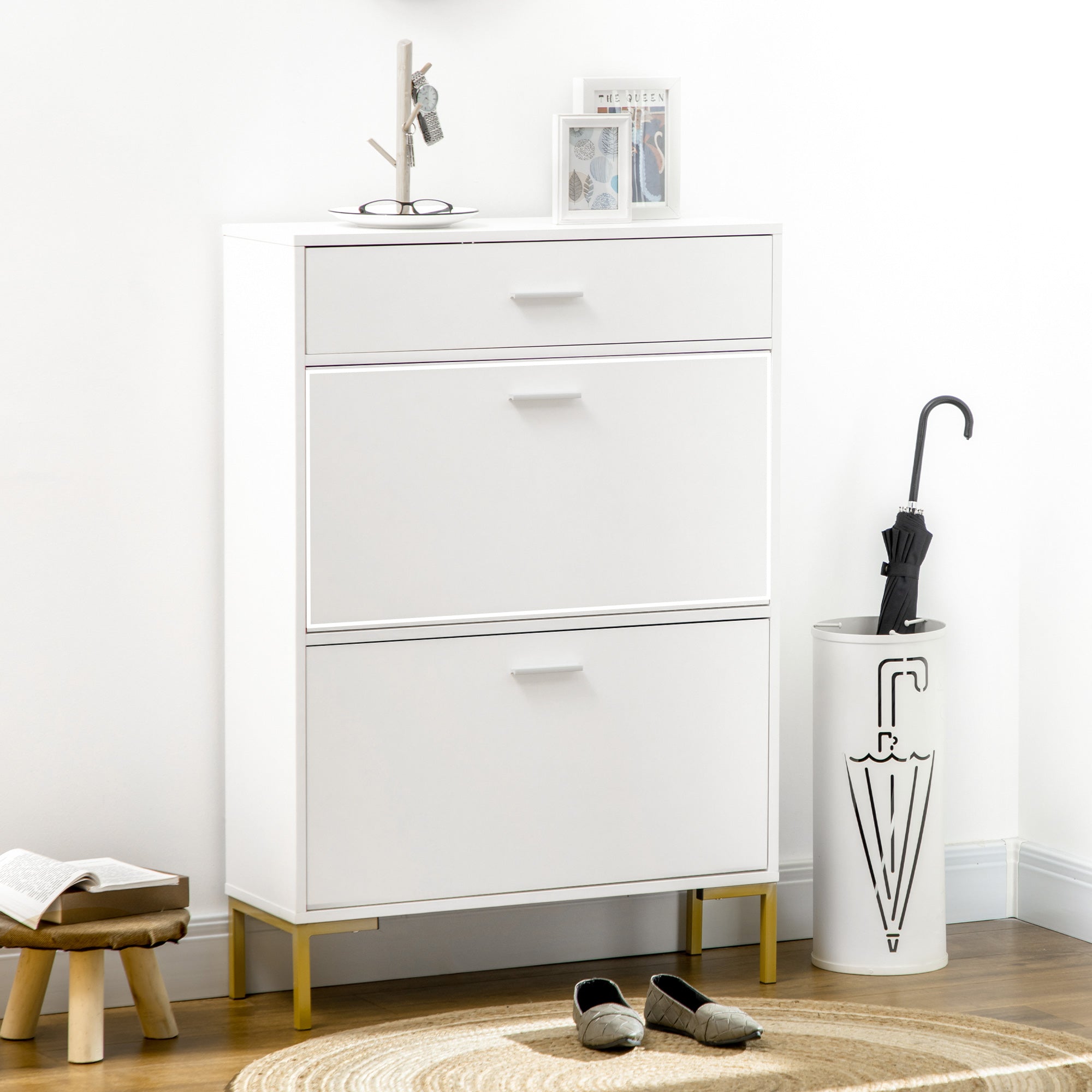 HOMCOM Modern Shoe Cabinet: 12-Pair Storage Organizer with 2 Flip Doors, Drawer & Adjustable Shelf, White 