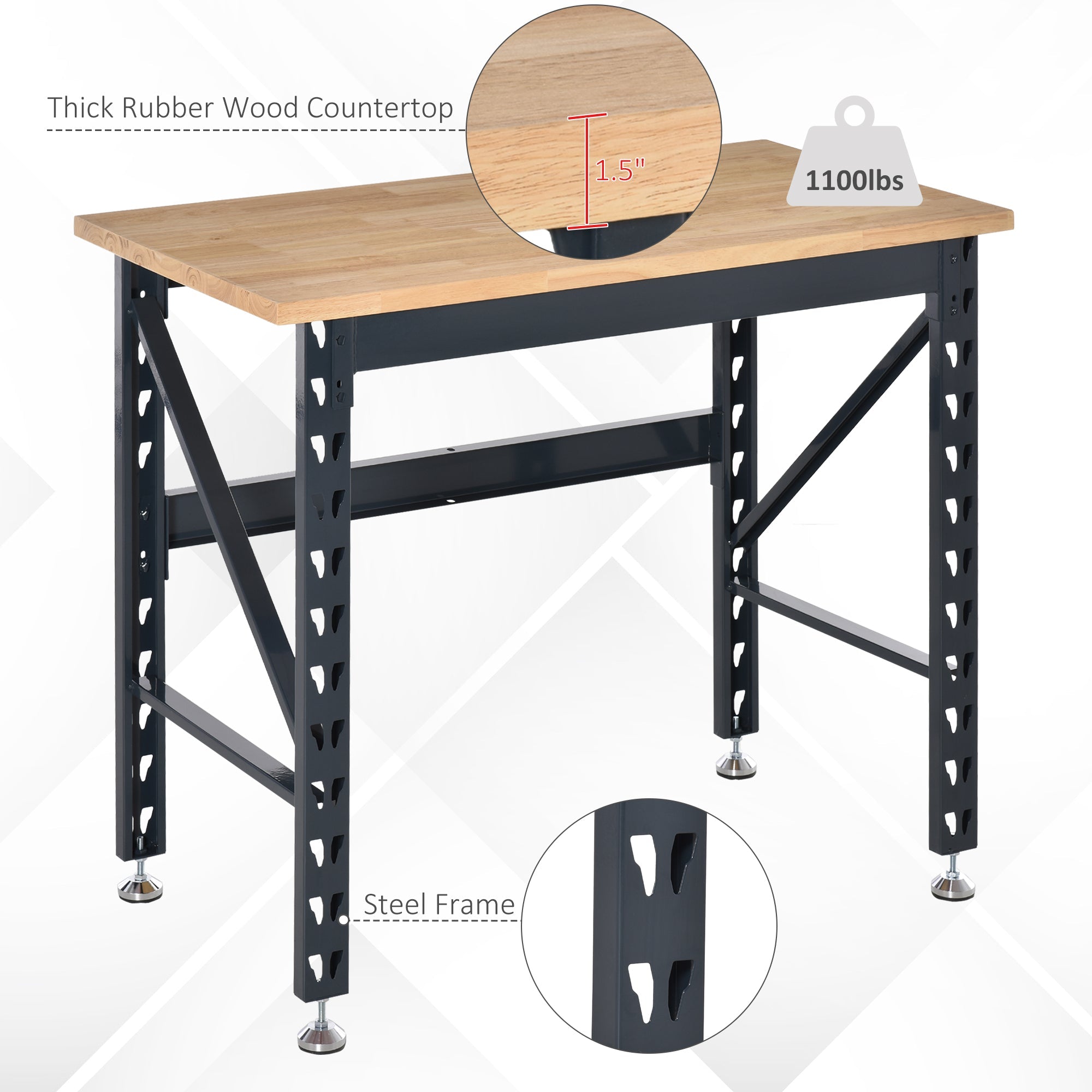 HOMCOM Solid Craftsmanship: 45" Solid Wood Workbench, Adjustable Foot Pads, 1100 Lbs Capacity for Robust Workshop Performance 