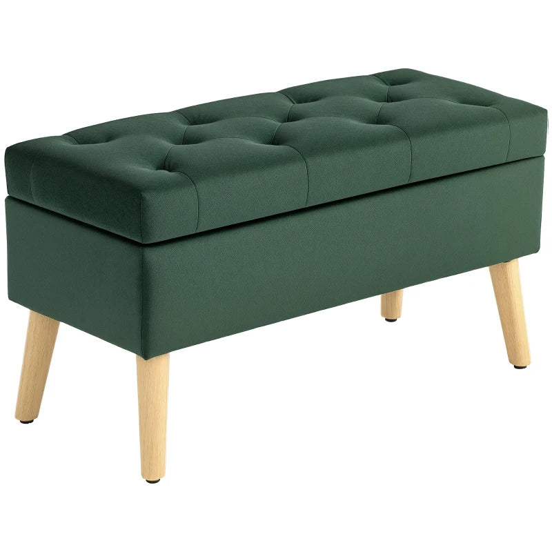 Storage Ottoman with Lid, Velvet Upholstered Storage Bench with Wood Legs for Living Room, Dark Green