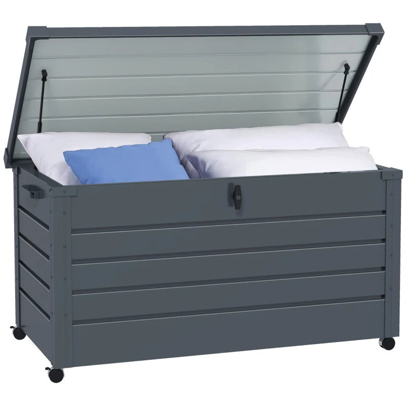 82 Gallon Garden Storage Box, Waterproof Outdoor Storage Container with Wheels and Handles, Dark Grey