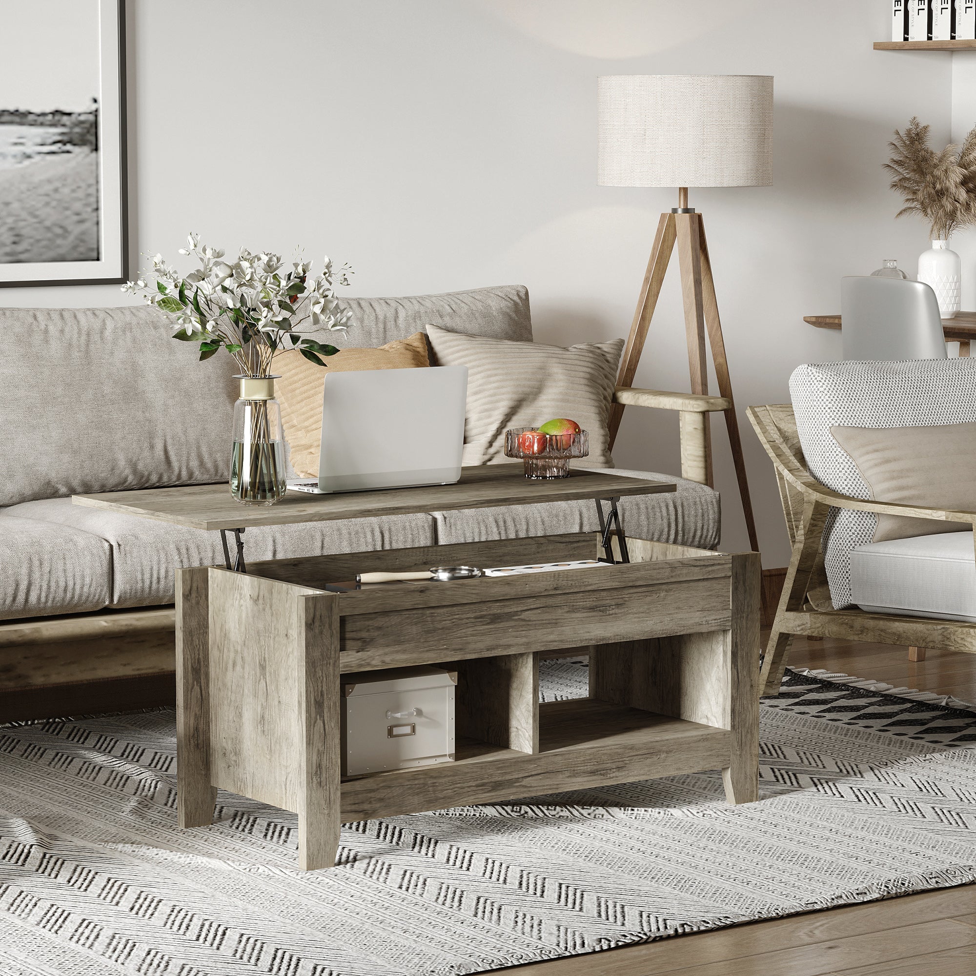 HOMCOM Lift Top Coffee Table with Hidden Storage and Open Shelves Oak Effect for Living Room 