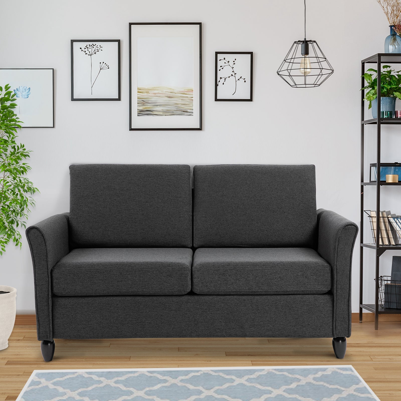 HOMCOM 55" Upholstered Double Sofa: With Armrest, Sturdy Wood Legs for Living Room Furniture, Dark Grey 