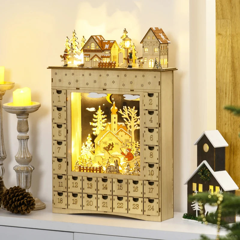 HOMCOM Wooden Christmas Advent Calendar – 24 Fillable Countdown Drawers with LED Lights, Battery Operated, Reusable 