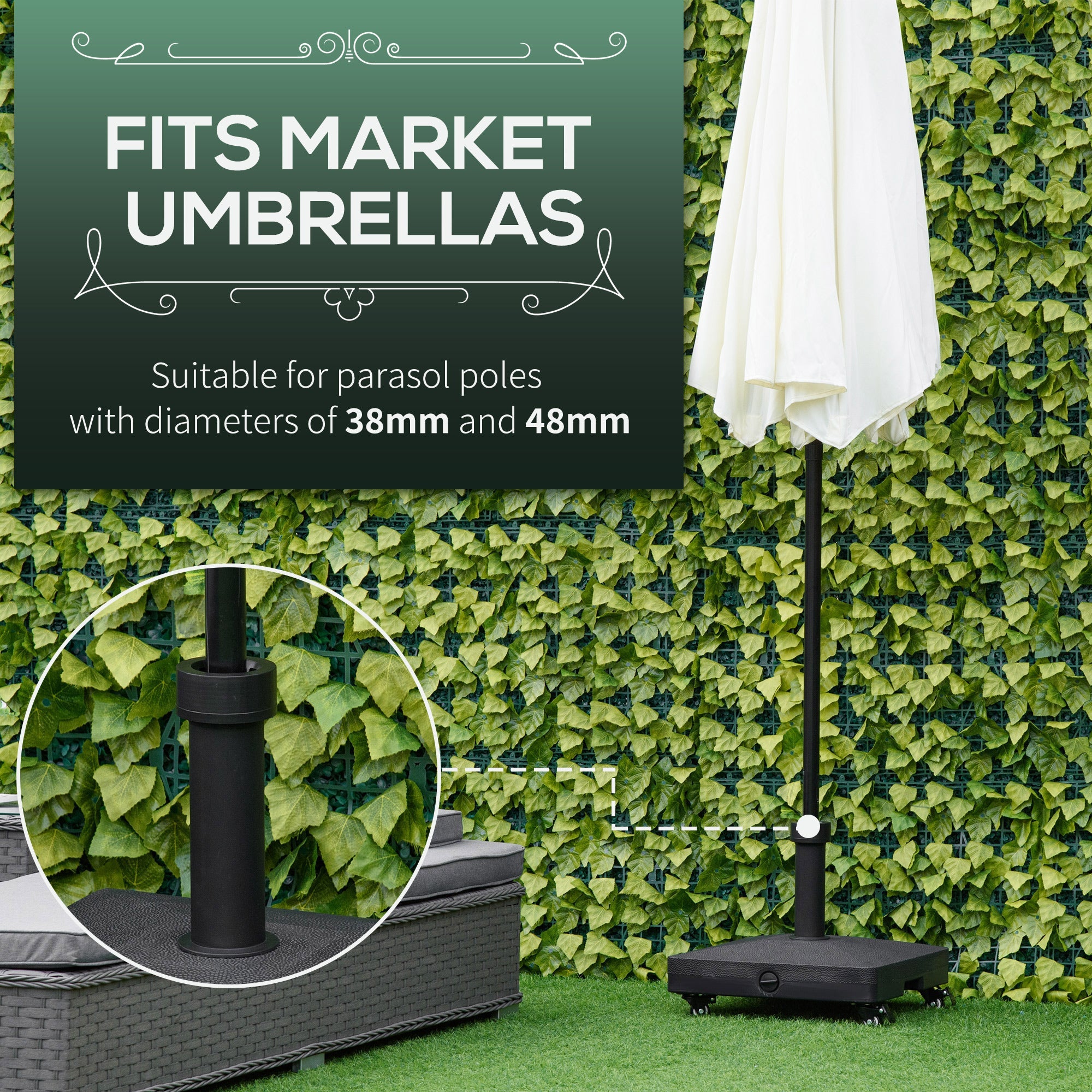 Outsunny Square Parasol Base Portable Umbrella Stand Weights with Wheels, Water or Sand Filled, for Φ1.5'', Φ1.9'' Poles, Black 
