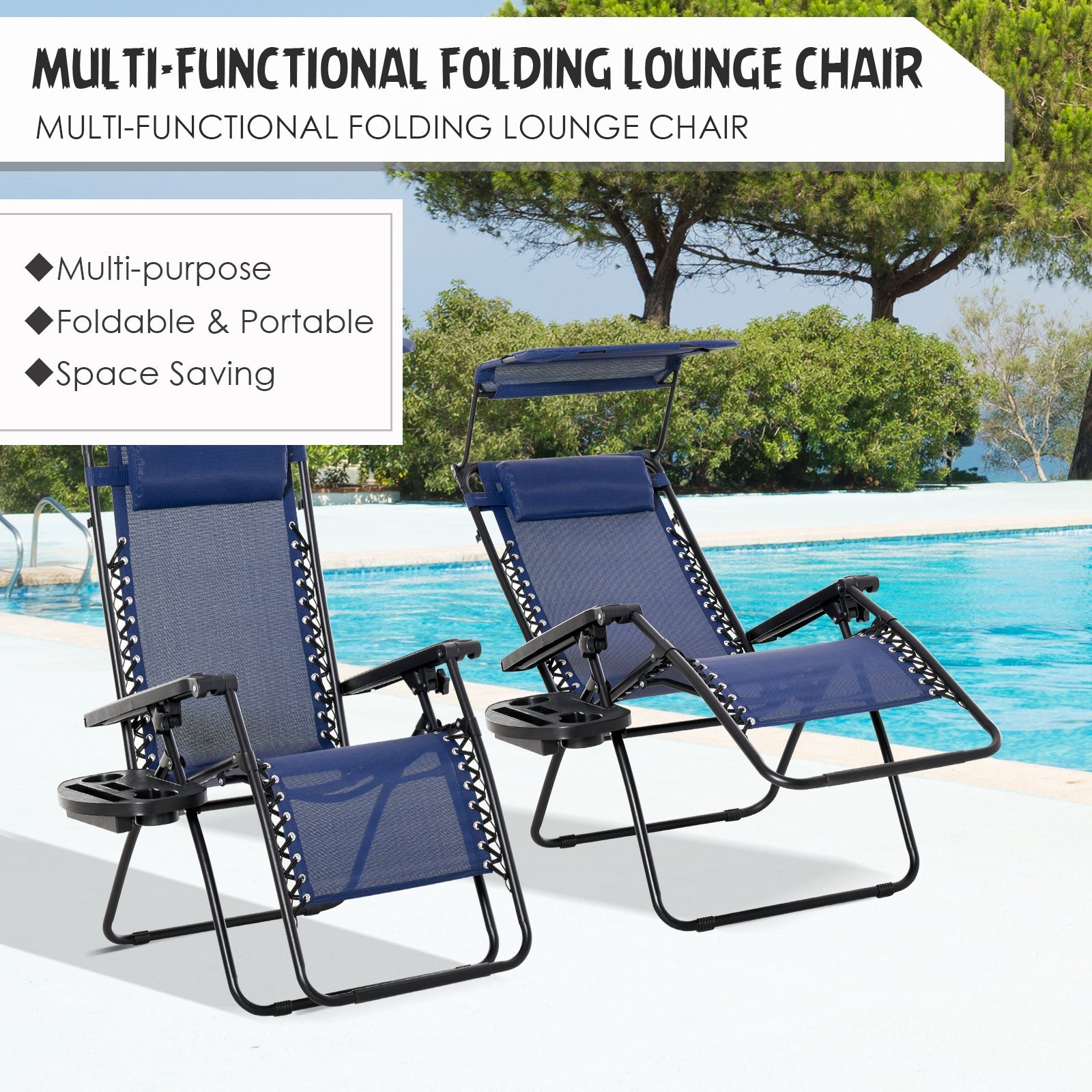 Outsunny Zero Gravity Chair 2pc Adjustable Patio Lounge Recliner with Cup Holder Canopy Shade Blue 