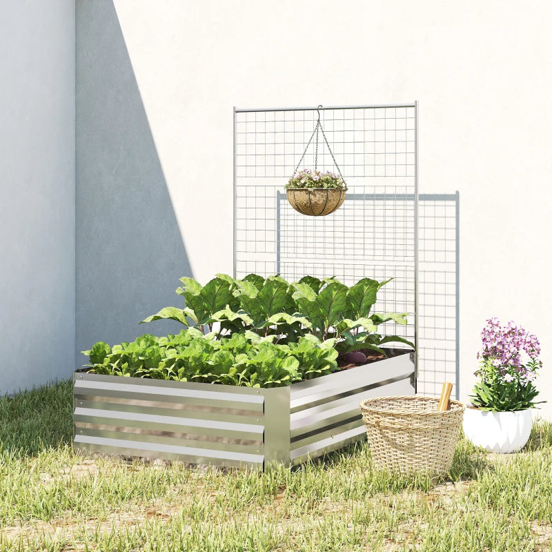 Galvanized Raised Garden Bed with Trellis for Climbing Plants, Outdoor Planter Box with Open Bottom, Silver