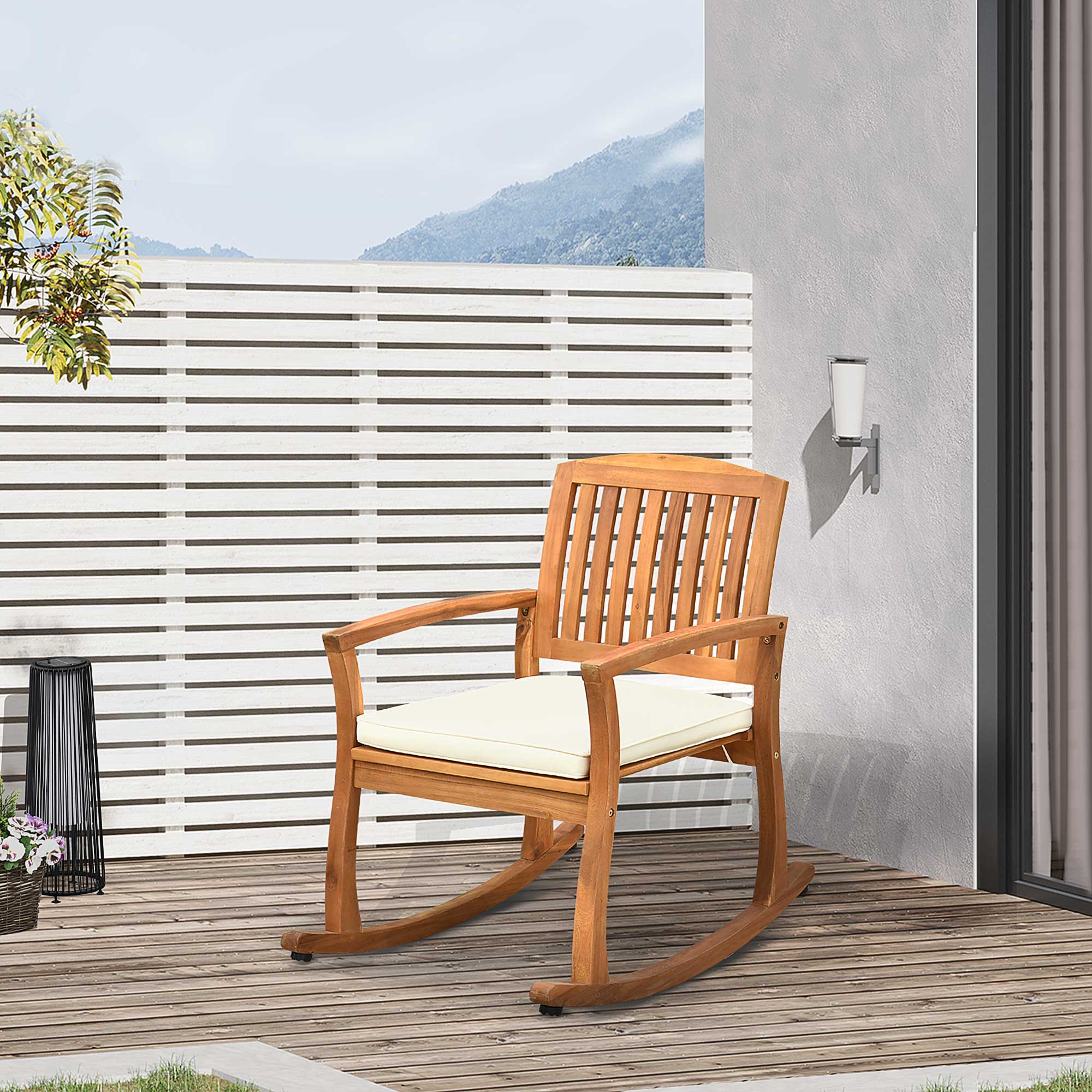 Outsunny Patio Rocking Chair, Indoor Outdoor Wooden Porch Rocker with Cushion for Deck, Balcony, Garden, Patio, Teak 