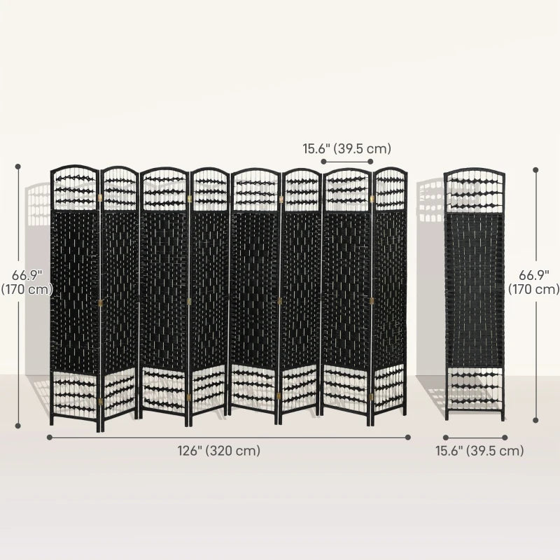 8 Panel Folding Room Divider, Portable Privacy Screen, Wave Fiber Room Partition for Home Office, Black