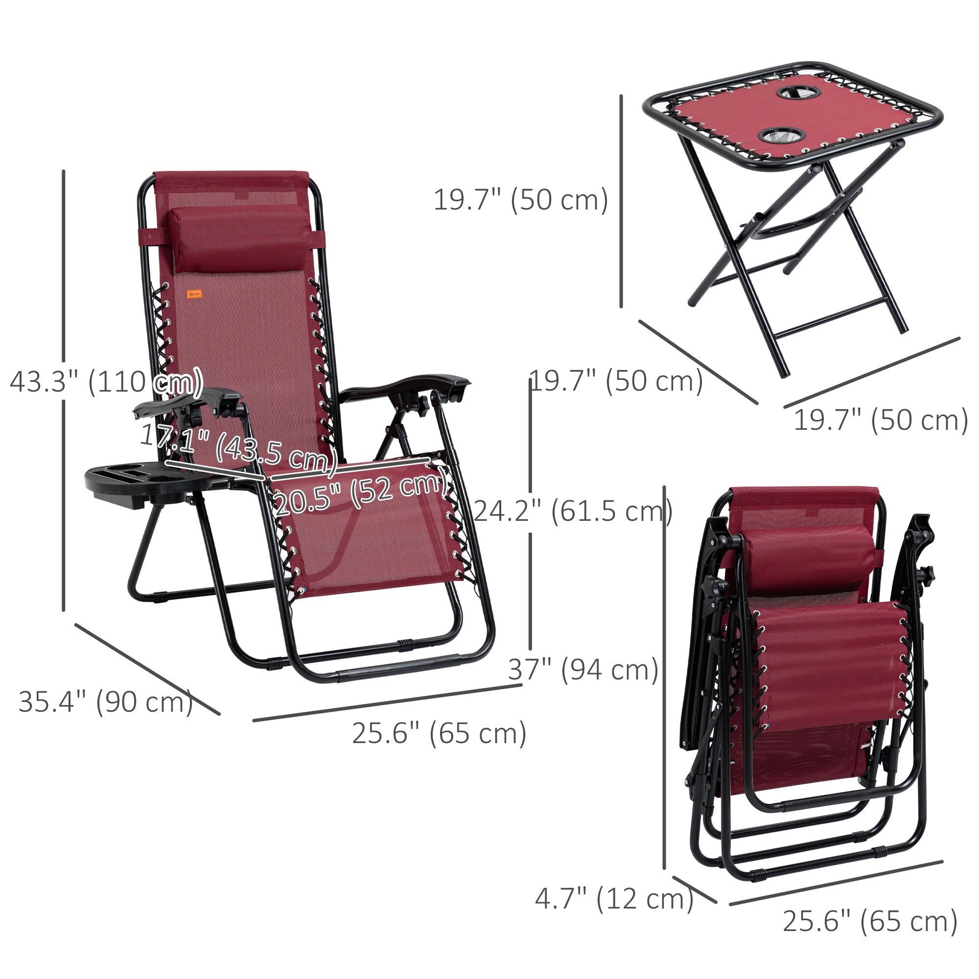 Outsunny Zero Gravity Chair Set of 2 Patio Chair with Side Table Cupholders and Pillows for Pool, Backyard, Lawn, Beach, Red 