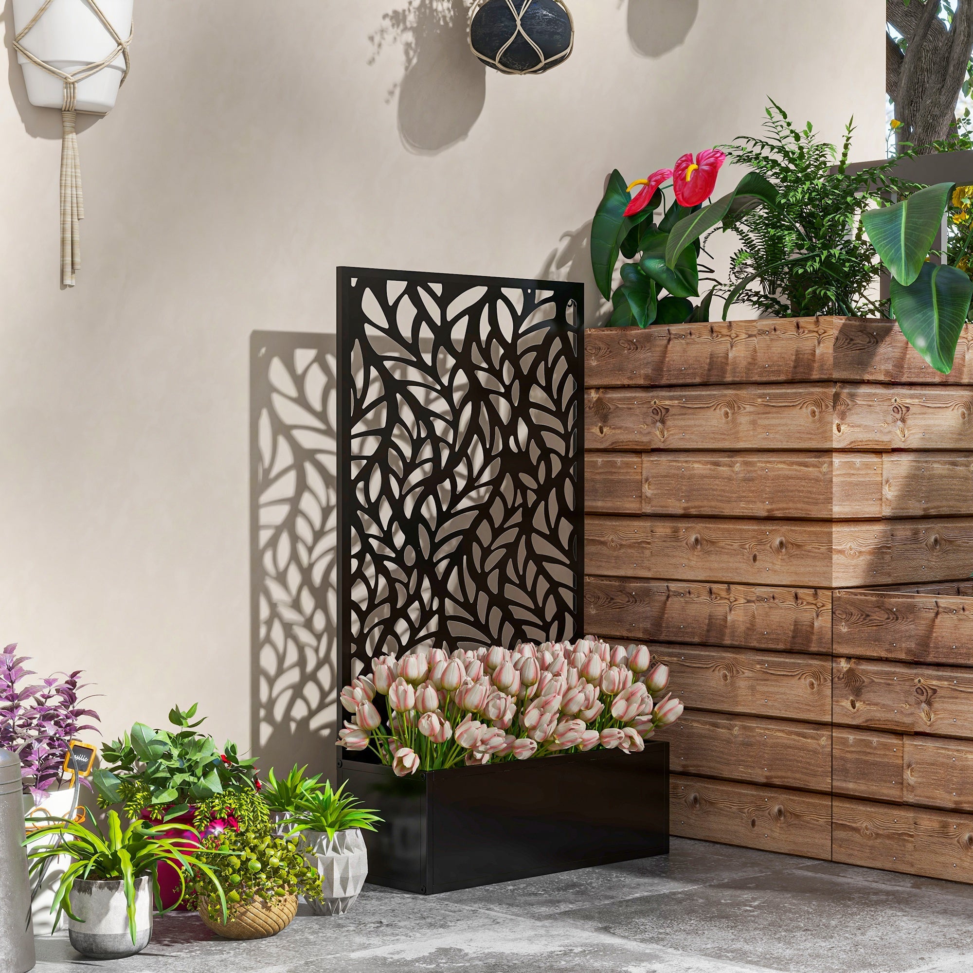 Outsunny Metal Privacy Screen with Garden Bed Freestanding or Wall-Mounted Planter Box for Outdoor Spaces 