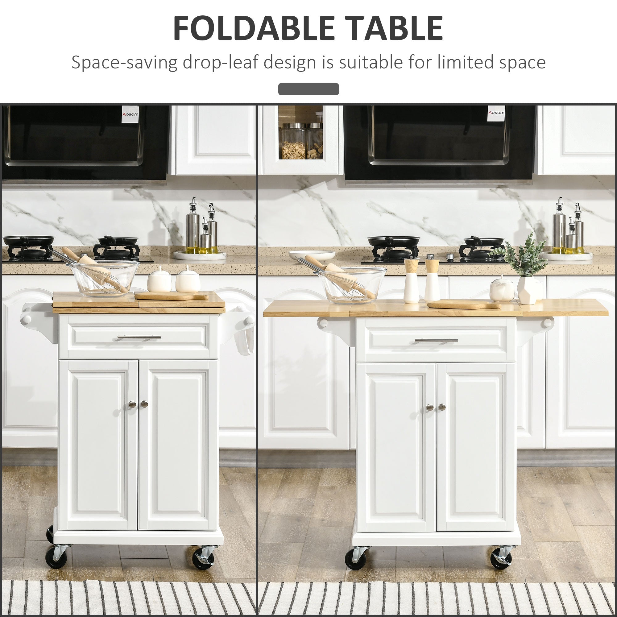 HOMCOM Extendable Kitchen Cart: Rolling Island with Counter, Drawer, Cabinet, Towel Rack for Dining & Kitchen Use 