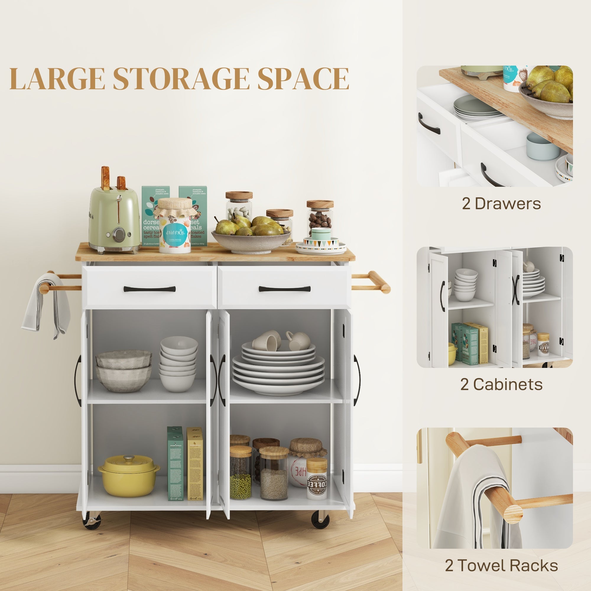 HOMCOM Kitchen Cart on Wheels: Rubber Wood Top, 2 Drawers, 4 Doors & Adjustable Shelving 