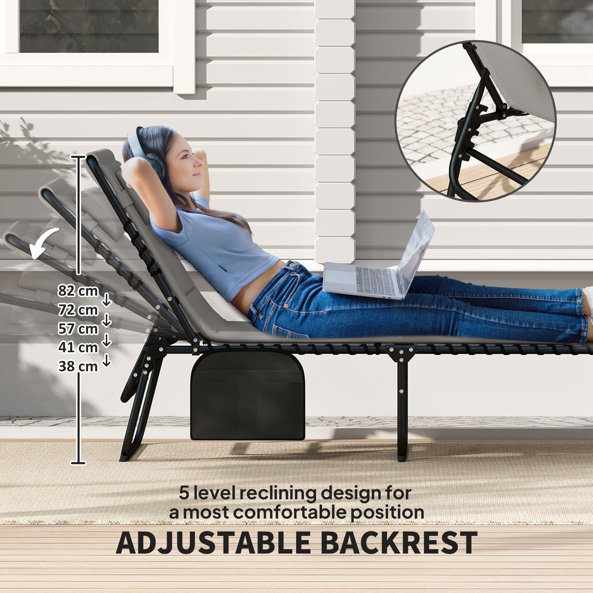 Outsunny Folding Chaise Lounge Chair Set of 2, Reclining Outdoor Lounge Chair Set with Quick Drying Pad Headrest Side Pocket, Tanning Chair Set for Beach Garden Pool, Light Grey 