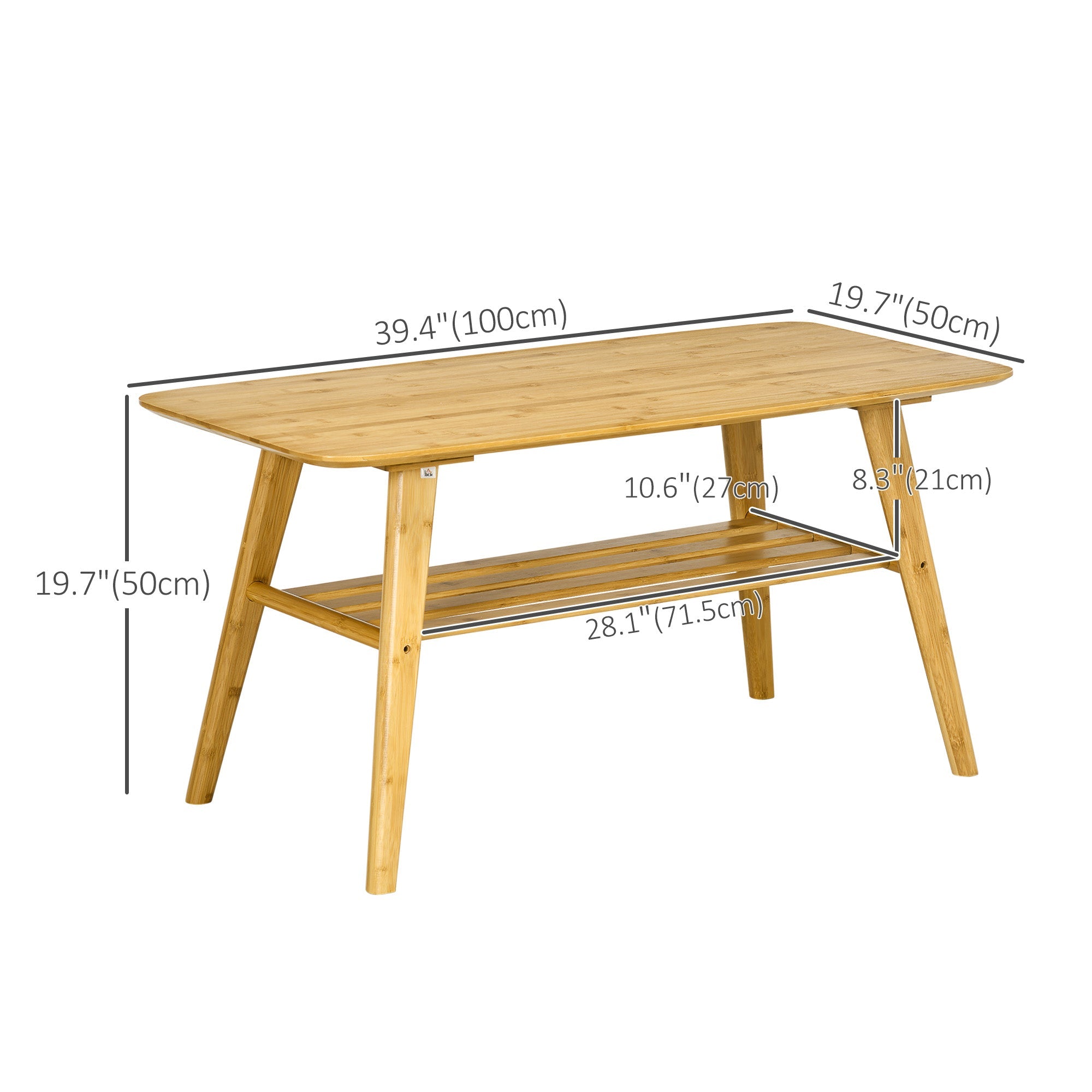HOMCOM Bamboo 2-Tier Coffee Table: Rectangle Cocktail Table with Storage Shelf for Living Room 