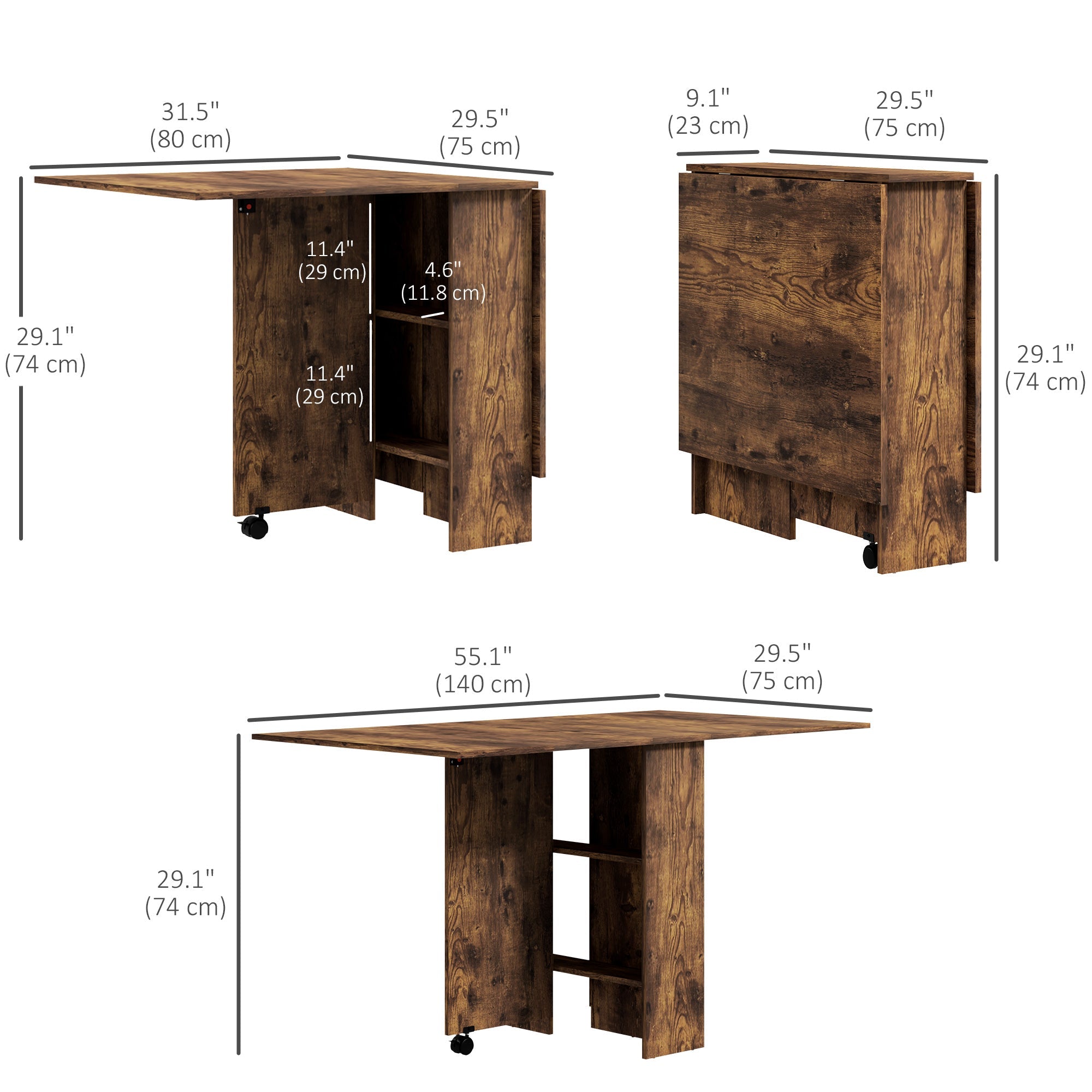 HOMCOM Extendable Dining Table, Collapsible Folding Table w/ 2-tier Shelves and Rolling Casters, Rustic Brown 
