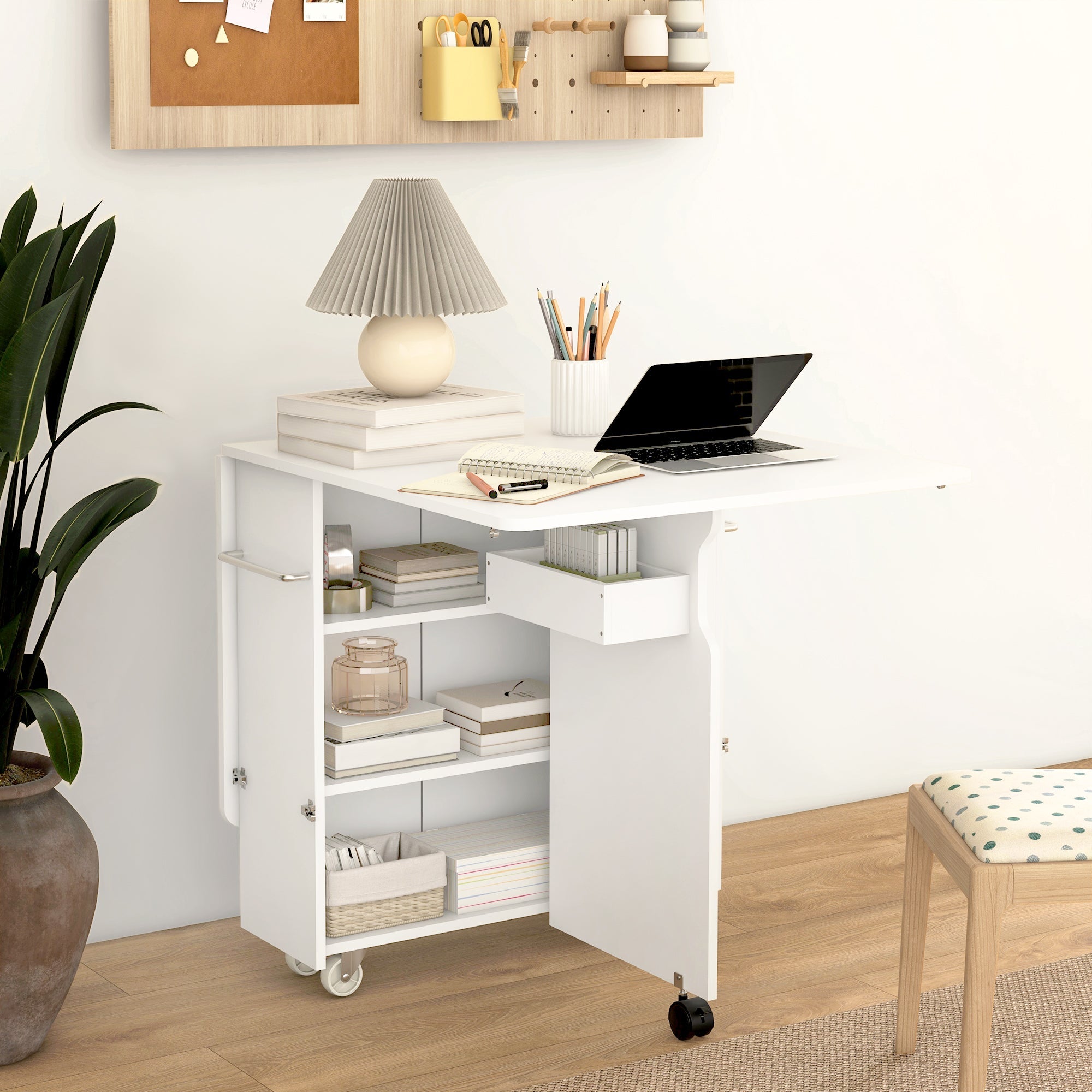 HOMCOM Folding Dining Table with Storage, Drop Leaf Kitchen Table on Wheels with Box, Shelves and Towel Racks, White 