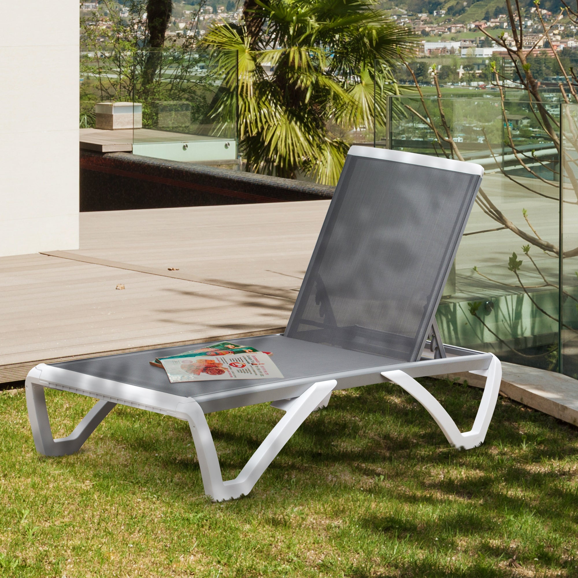 Outsunny Outdoor Chaise Lounge Chair Portable with Adjustable Back Wheels Breathable Mesh Fabric Light Gray 