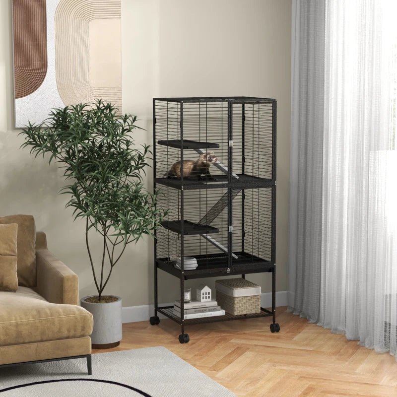 Rolling Small Animal Cage 53.5"H Chinchilla Cage for Ferrets, Squirrels w/ Removable Tray, Storage Shelf, Dark Grey