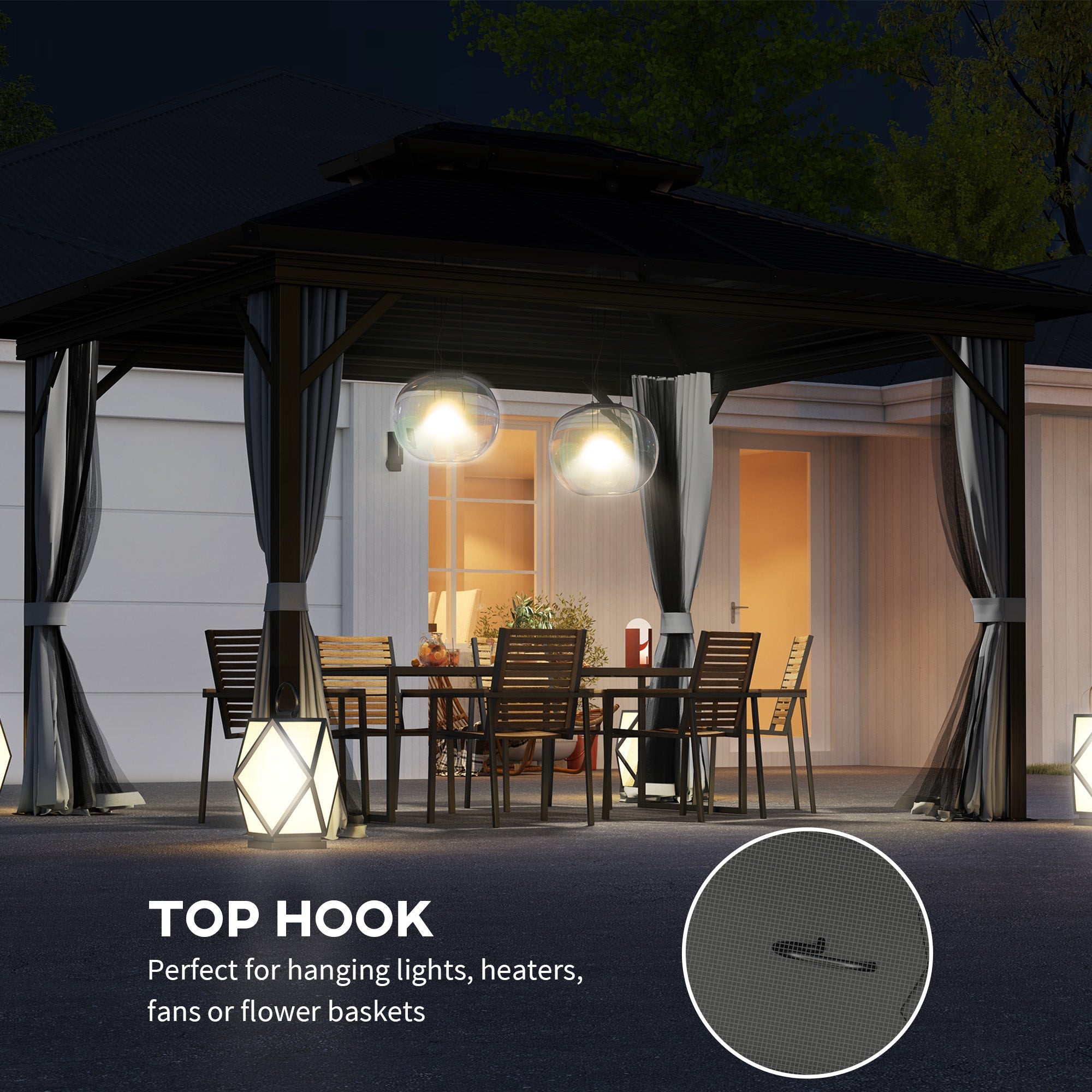 Outsunny 10 x 12ft Canopy Tent, Hardtop Gazebo with 2-Tier Metal Roof & Hanging Hooks for Outdoor Leisure, Light Grey 
