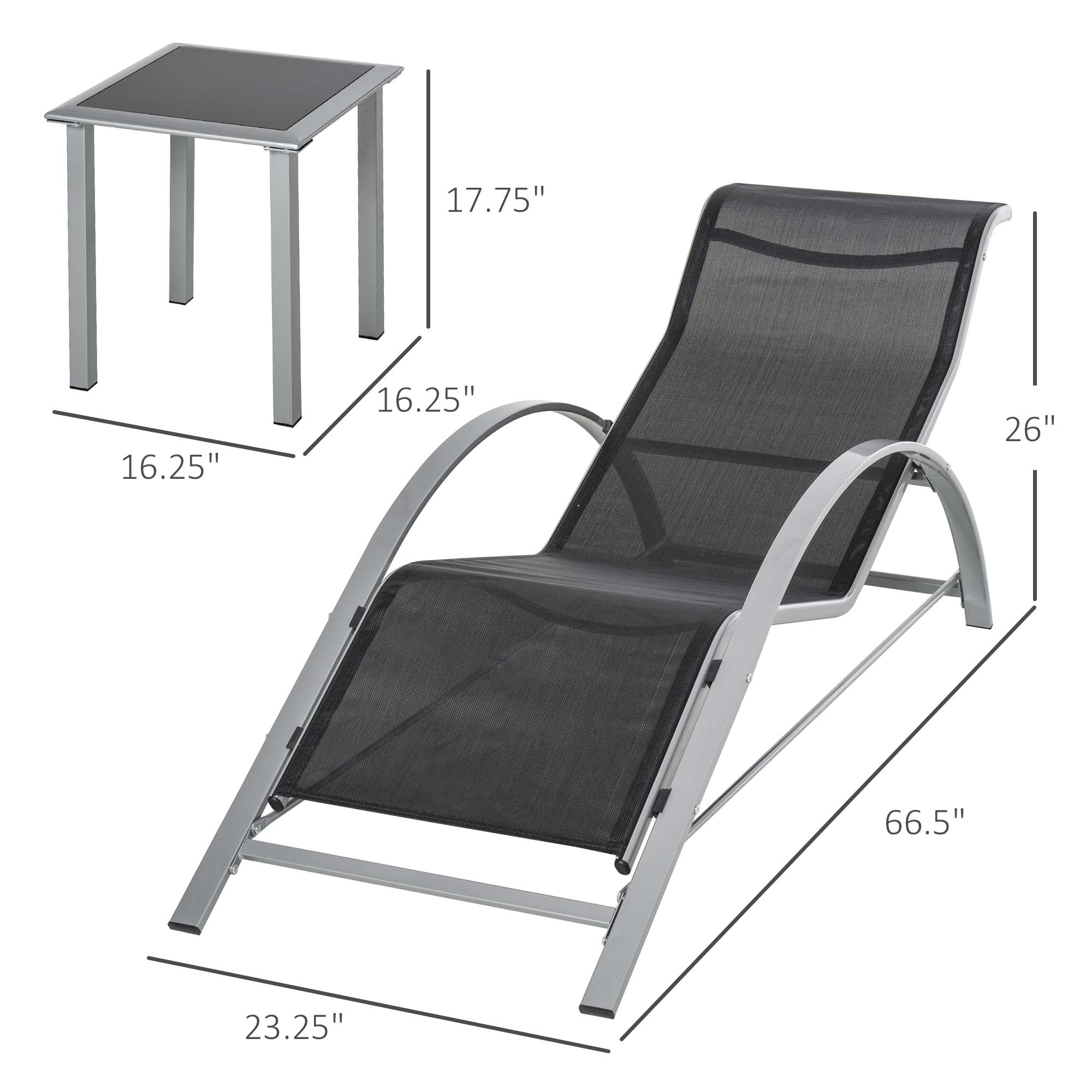 Outsunny 3pc Patio Lounge Chair Set Outdoor Sunbathing with Side Table Black 