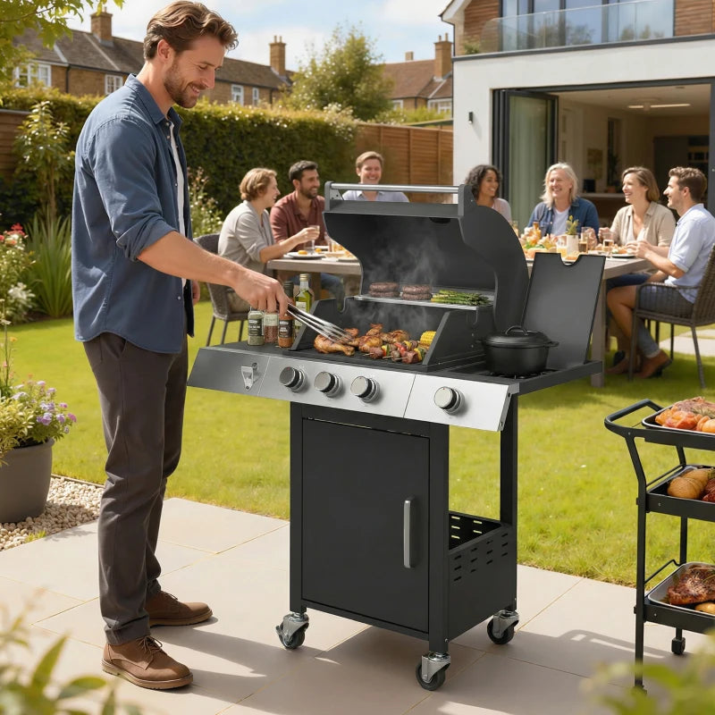 Outsunny 3 Burner Propane Gas Grill with Side Burner, 36,000 BTU BBQ Grill with Cast Iron Grates, Wheels, Warming Rack, Cabinet