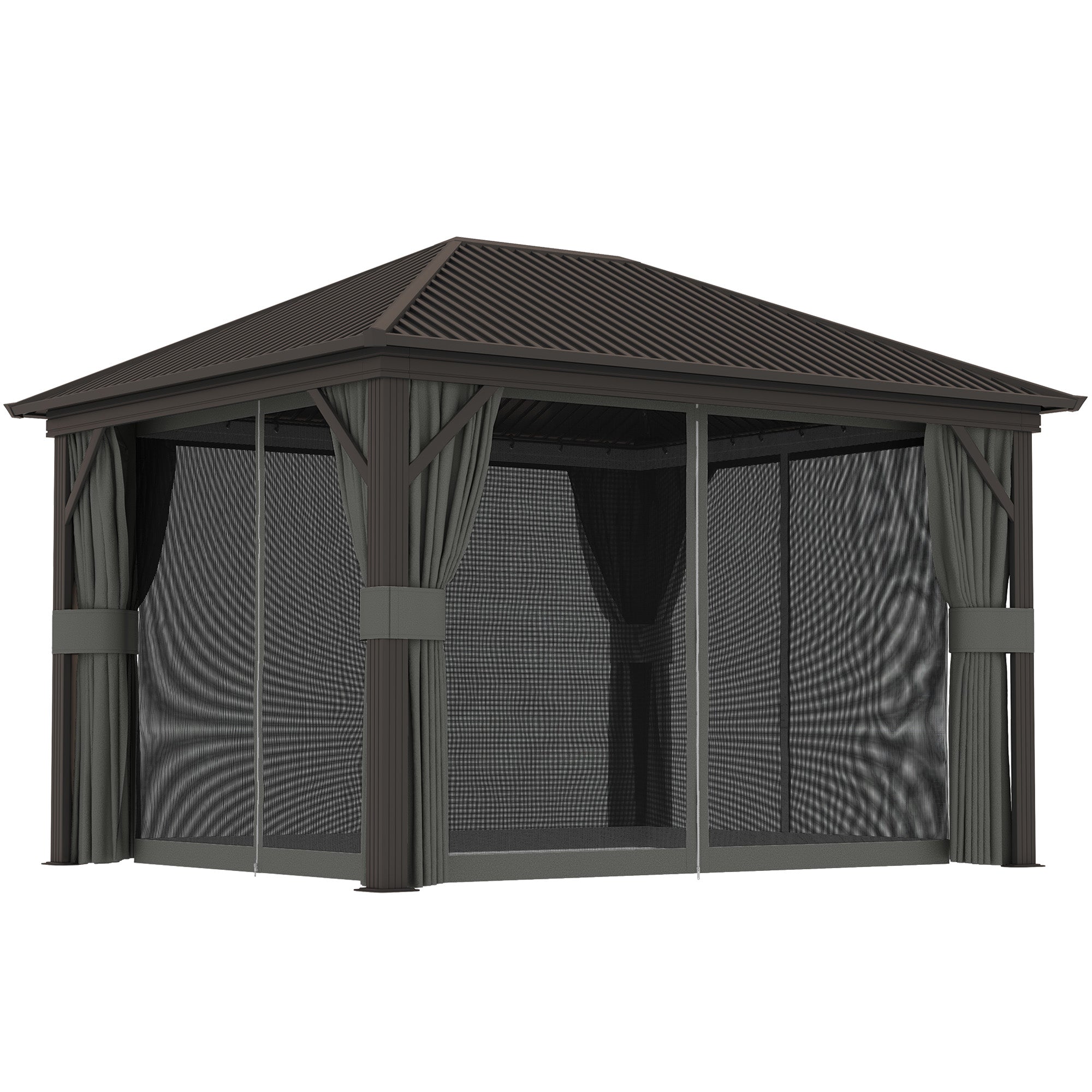 Outsunny 10' x 12' Outdoor Hardtop Gazebo Metal Roof Patio Gazebo with Aluminum Frame, Mesh Nettings, Dark Grey 