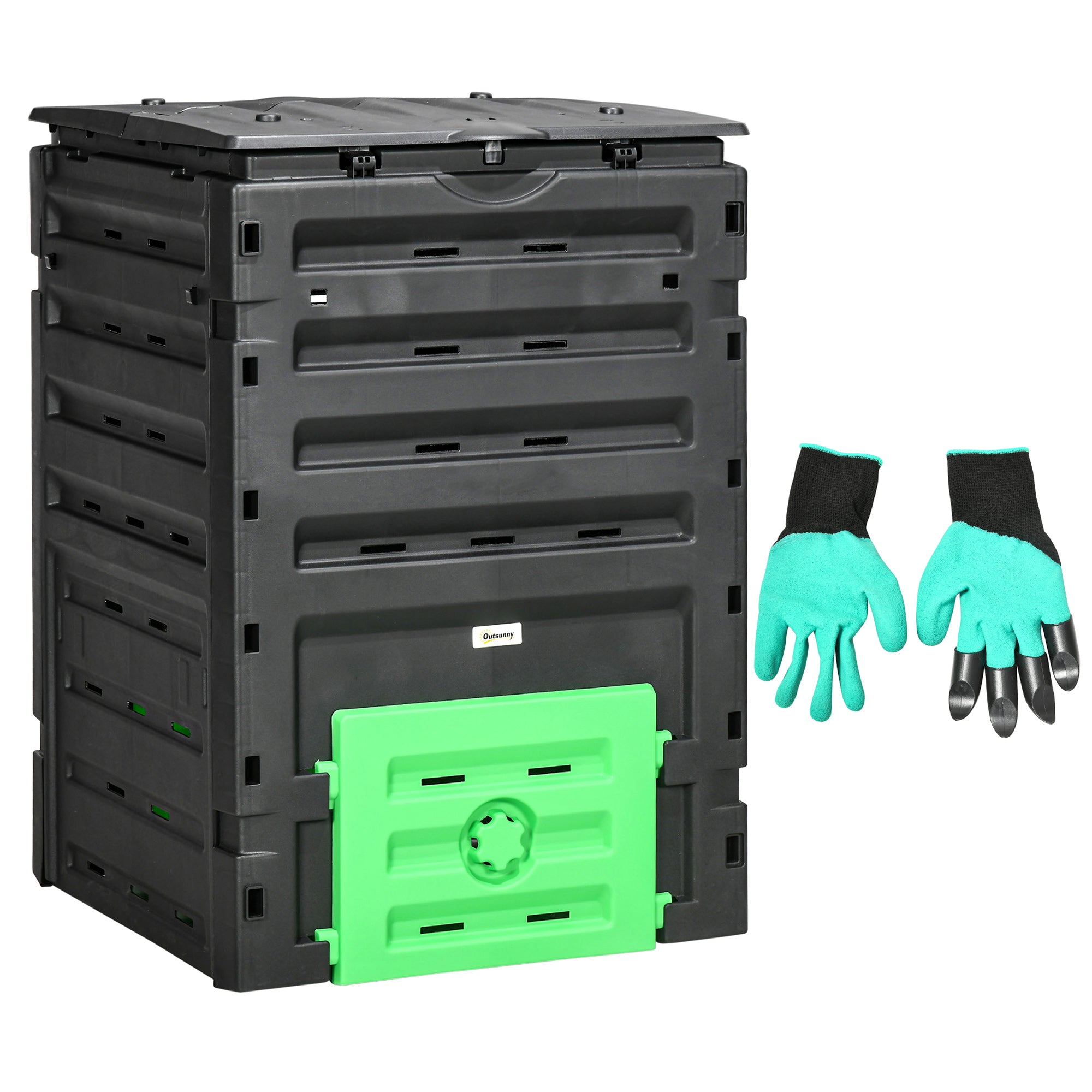Outsunny Compost Bin, 120 Gallon (450L) Garden Composter with Gloves, 80 Vents and 2 Sliding Doors, Lightweight & Sturdy 