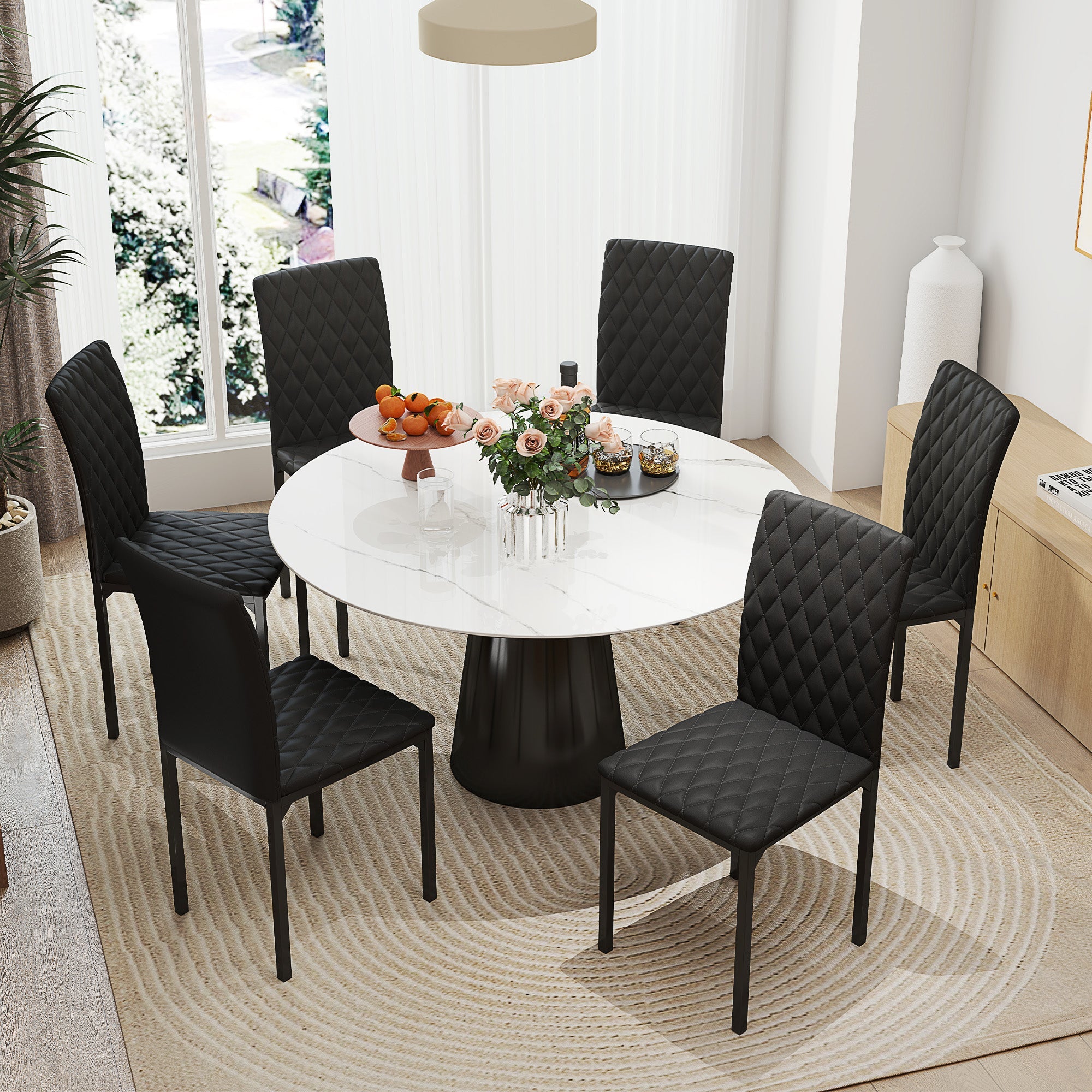 HOMCOM Set of 6 Modern Dining Chairs, Tufted High Back Side Chairs with Upholstered Seat, Steel Legs for Living Room, Black 