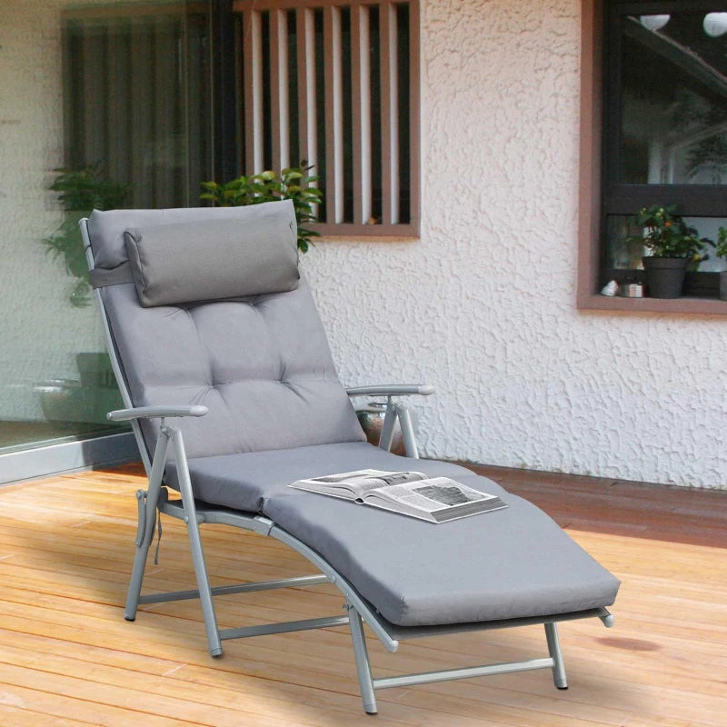 Outdoor Folding Chaise Lounge Chair Recliner with Portable Design, Adjustable Backrest, Cushion and Headrest, Grey