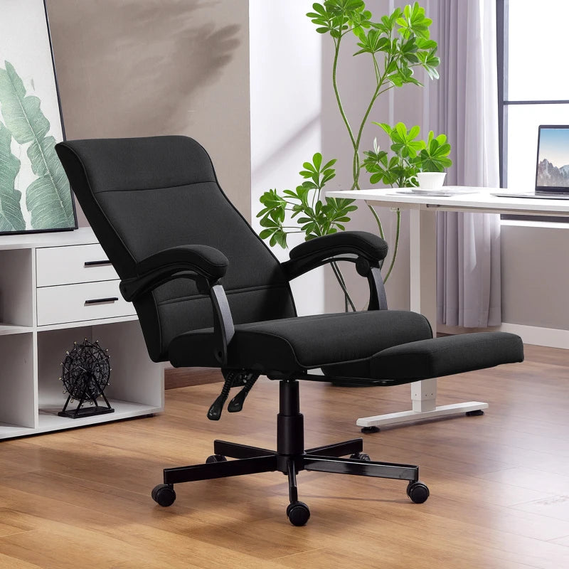 Office Chair, Linen High Back Desk Chair, Swivel Recliner with Adjustable Height, Footrest and Padded Armrest, Black