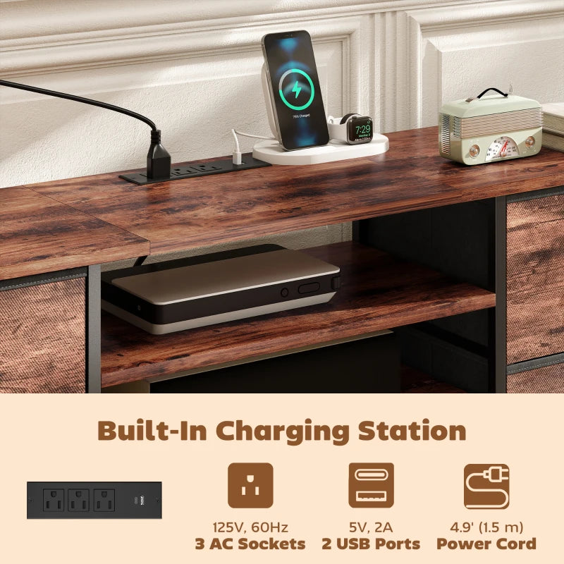 TV Stand for TVs up to 65 Inch, Industrial TV Console with Charging Station, 5 Drawers and Open Shelves, Rustic Brown