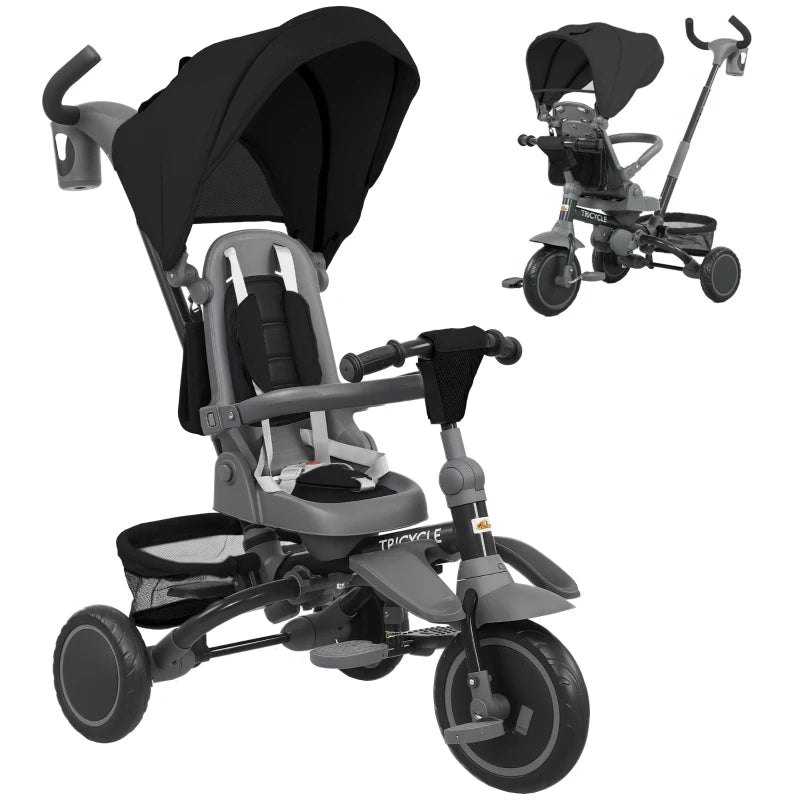 Qaba 6 in 1 Toddler Tricycle for 1-5 Years Old with Push Handle, Removable Canopy, Rotatable Seat, Black