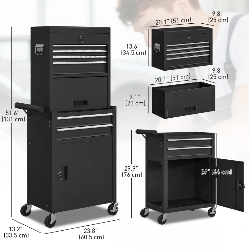 Large Tool Cabinet, 3-in-1 Rolling Tool Chest, Detachable Tool Storage Organizer with 6 Drawers and Pegboard, Black