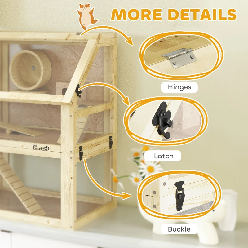 Wooden Hamster Cage, 3 Tier Gerbil Cage with Deep Bottom, Hut, Seesaw, Exercise Wheel, Ramps, 24" x 16" x 29.5"