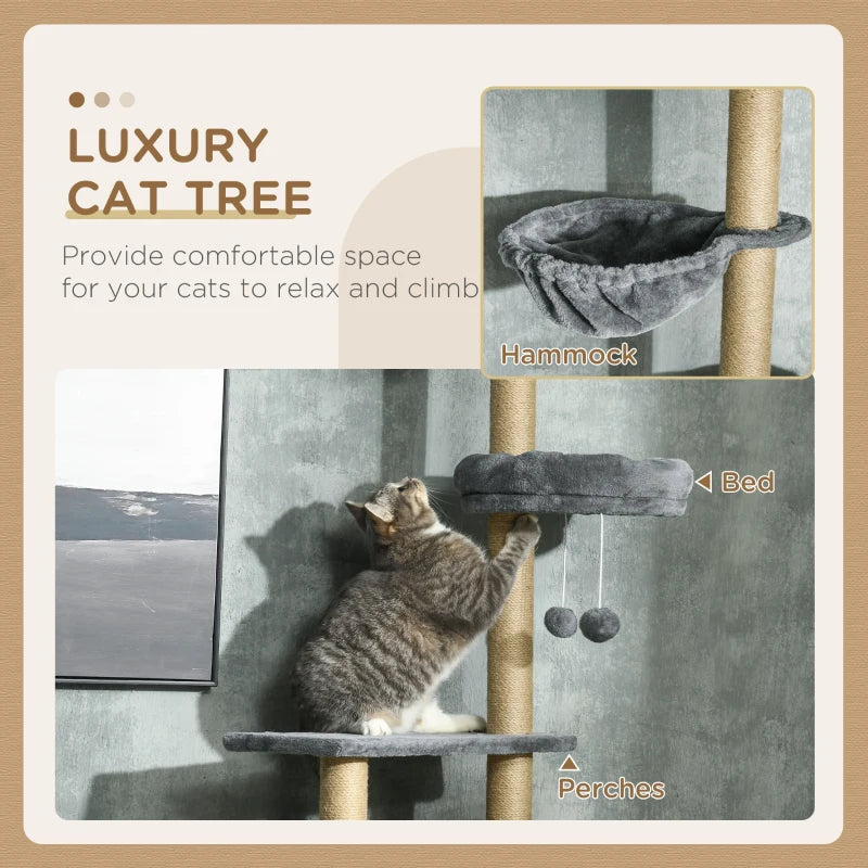 Floor to Ceiling Cat Tree, 90.5" - 98.5" Cat Tower with Scratching Post, Dangling Balls, Platforms, Bed, Hammock, Grey